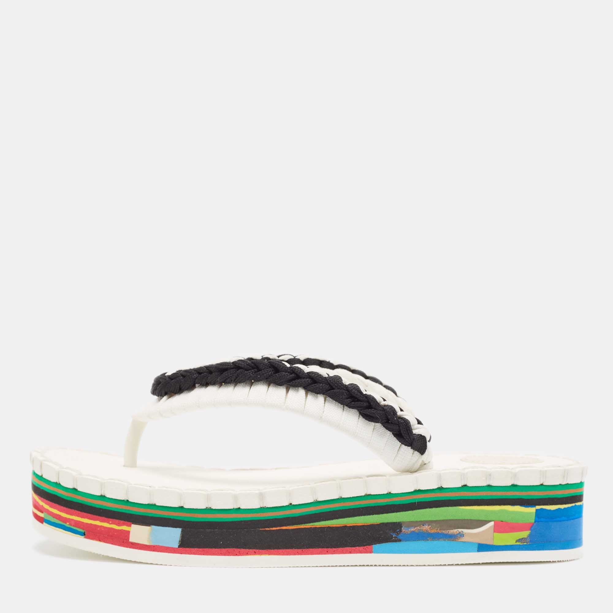 Chloe Black/White Woven Fabric Lou Thong  Sandals Size 40