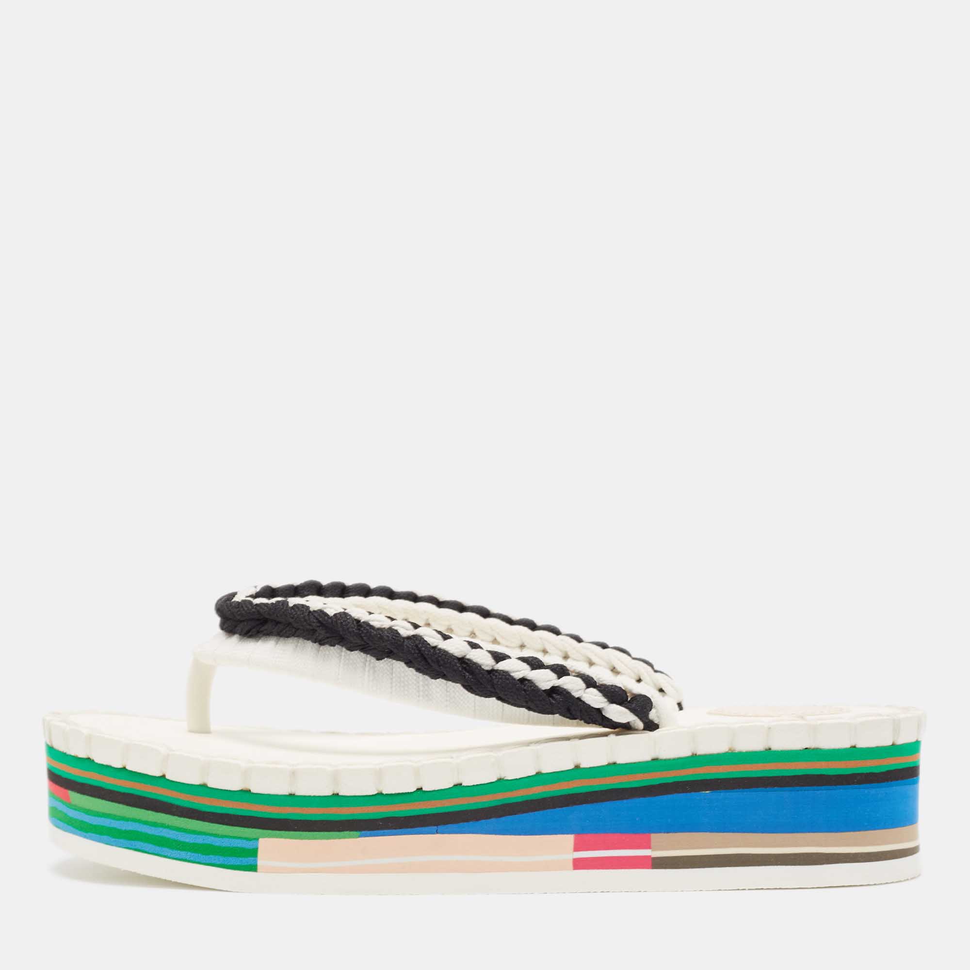 Pre Owned Chloe White/Black Braided Fabric Lou Thong Sandals Size 37