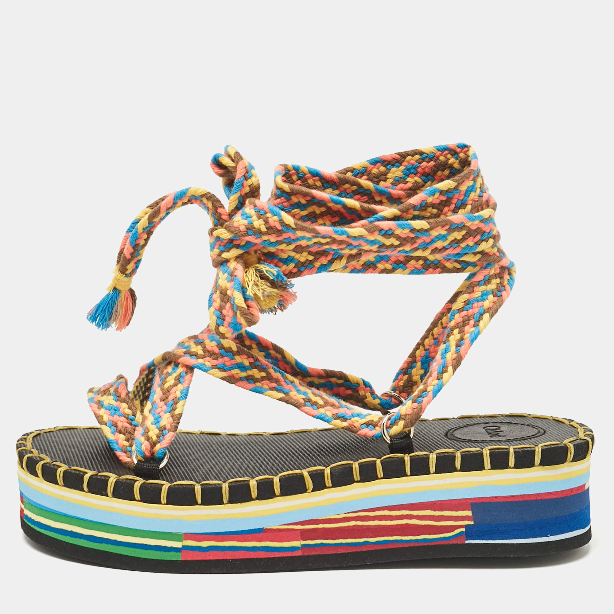 Chloé Multicolor Knit Fabric Ankle Strap Sandals Size 36