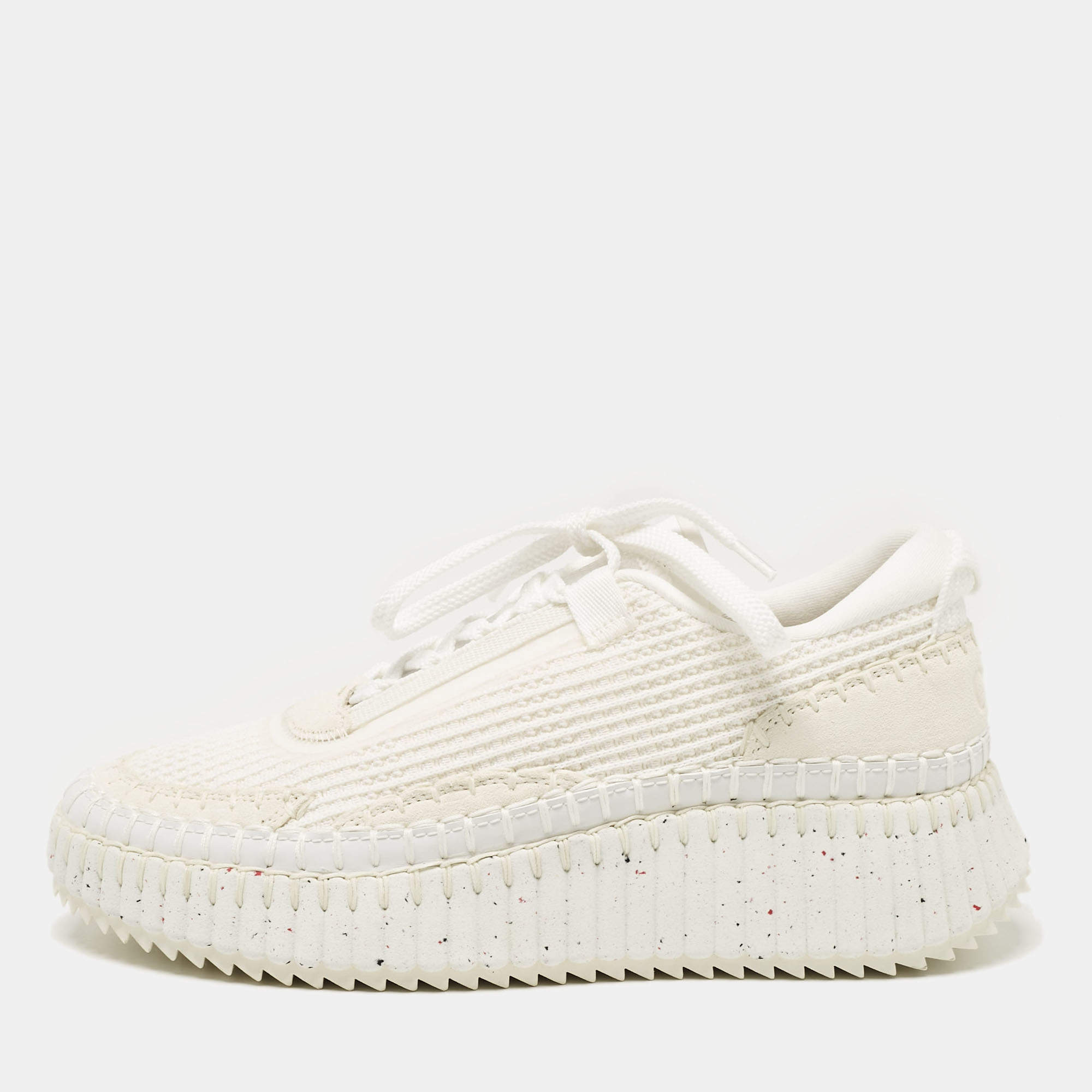 Chloe White Knit Fabric and Suede Nama Sneakers Size 39