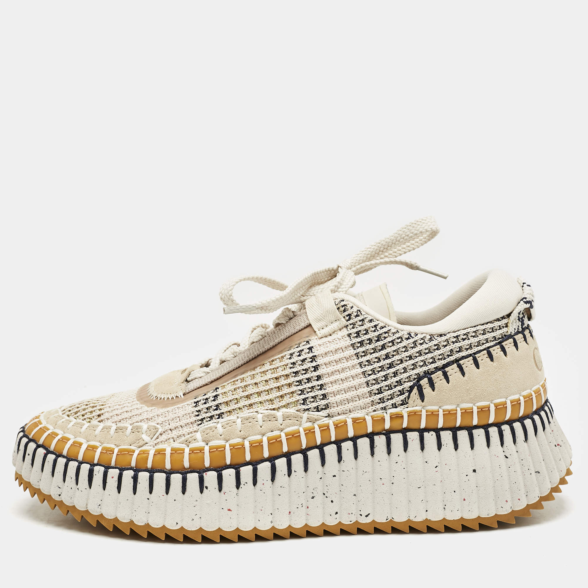 Pre Owned Chloe Multicolor Knit Fabric and Suede Nama Low Top Sneakers Size 38