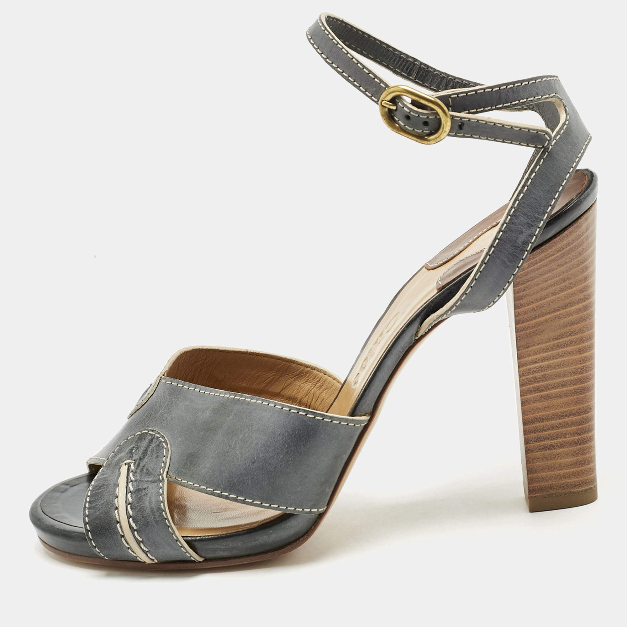 Pre Owned Chloe Grey/Beige Leather Ankle Strap Sandals Size 40