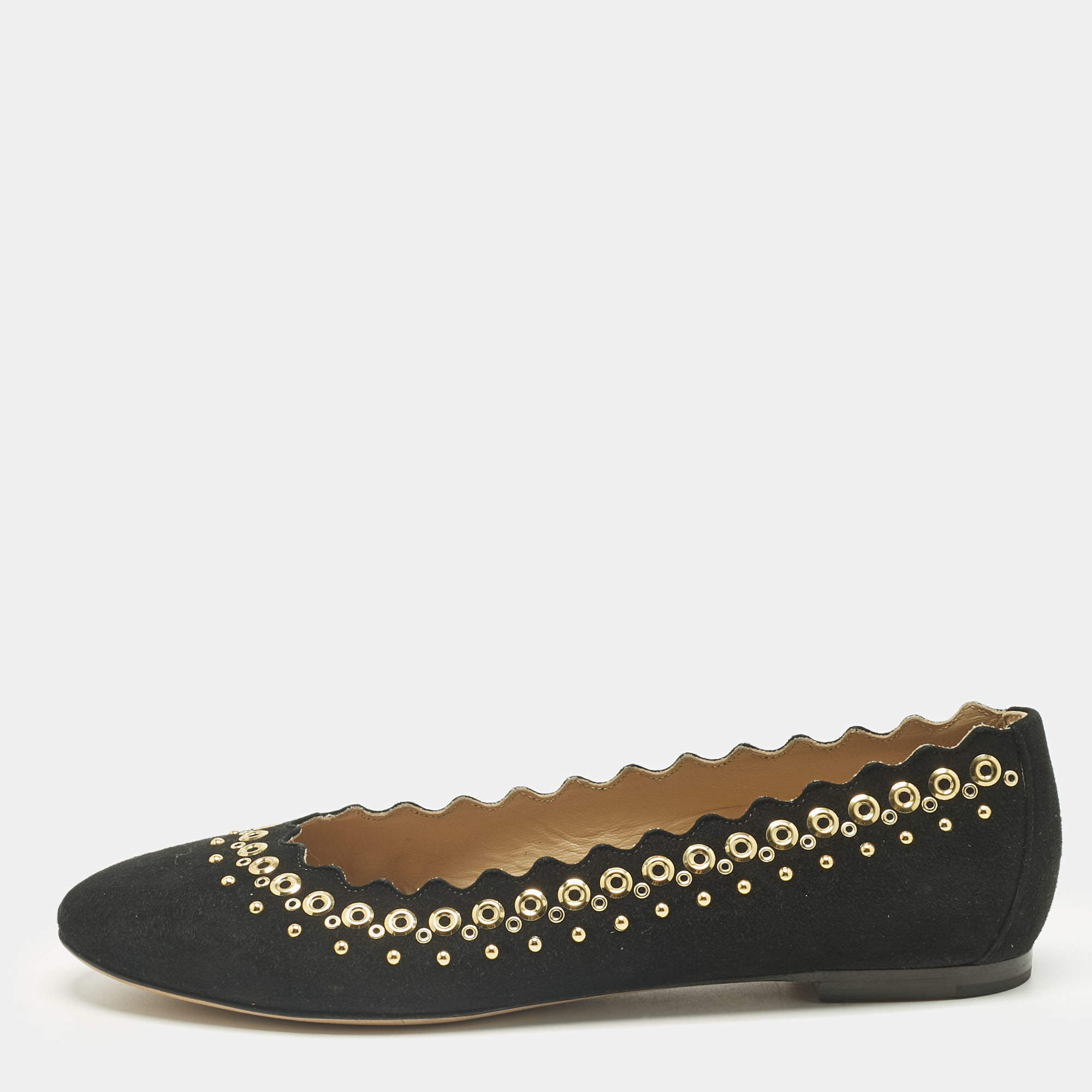 Pre Owned Chloe Black Suede Studded Scalloped Ballet Flats Size 38.5