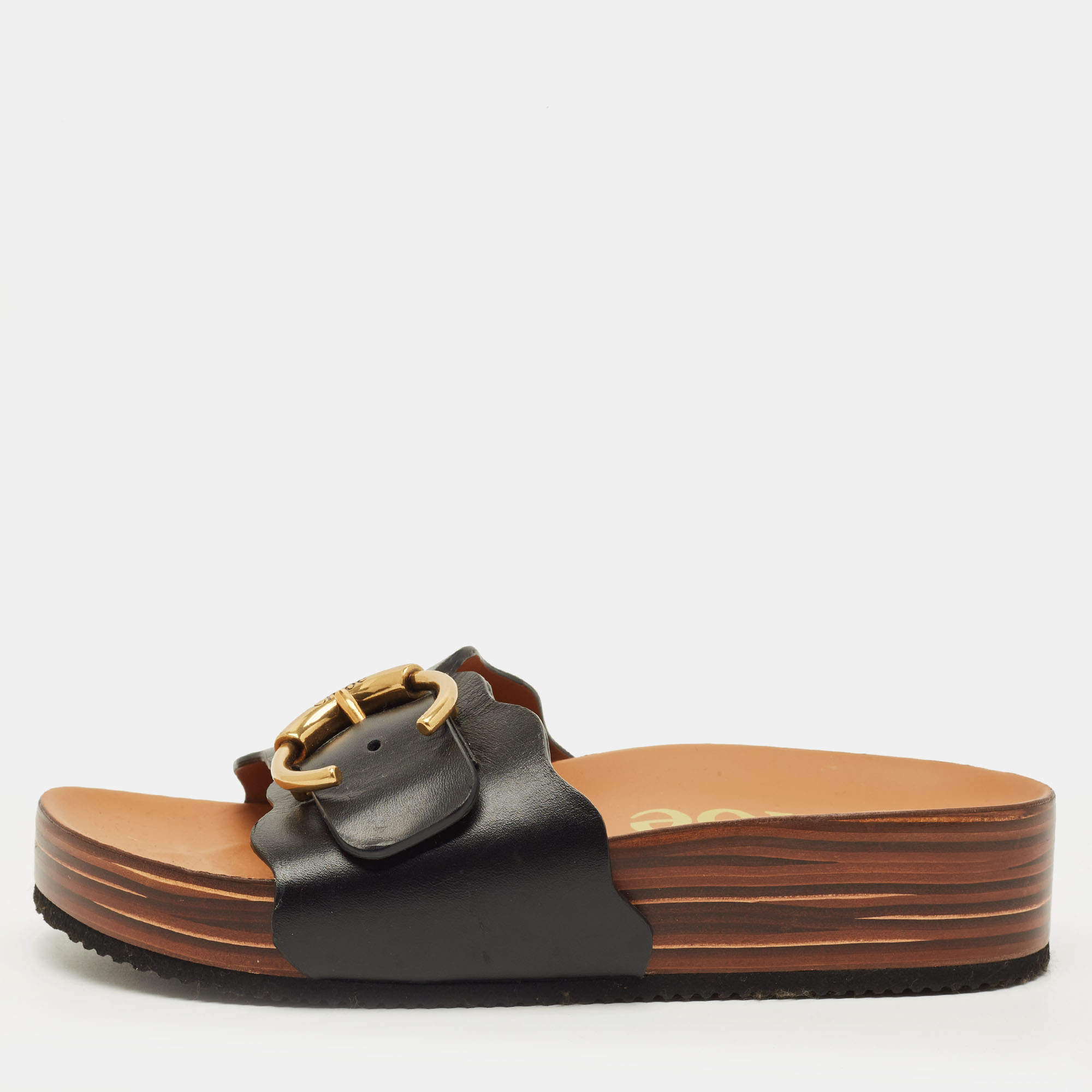 مملوكة مسبقًا Chloe Laurena Scalloped Size 39 Black Leather Slide Sandals          
