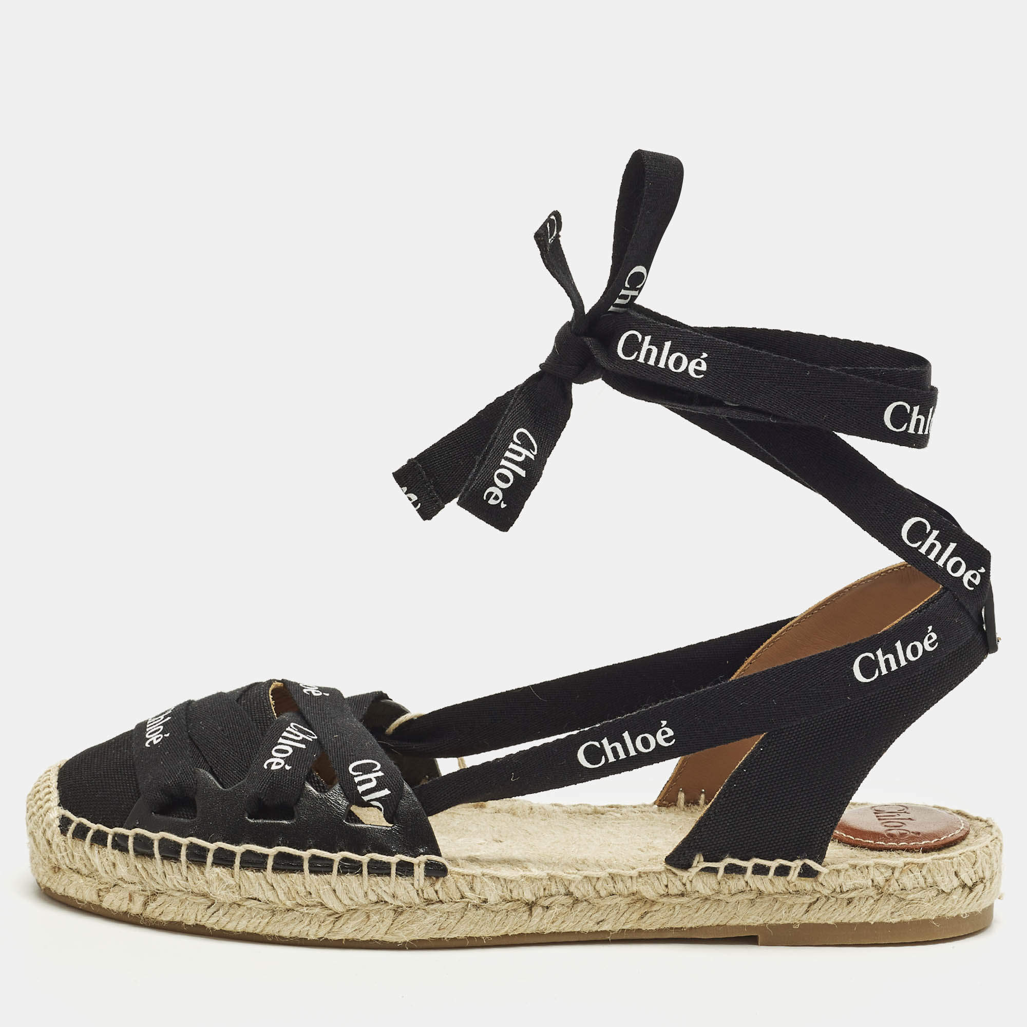 مملوكة مسبقًا Chloe Lauren Size 38 Black Canvas Ankle Wrap Espadrille Flats