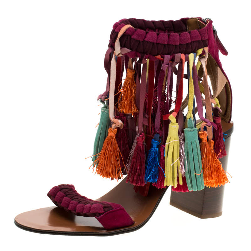 Chloe Multicolor Leather And Suede Tassel Detail Block Heel Sandals Size 36