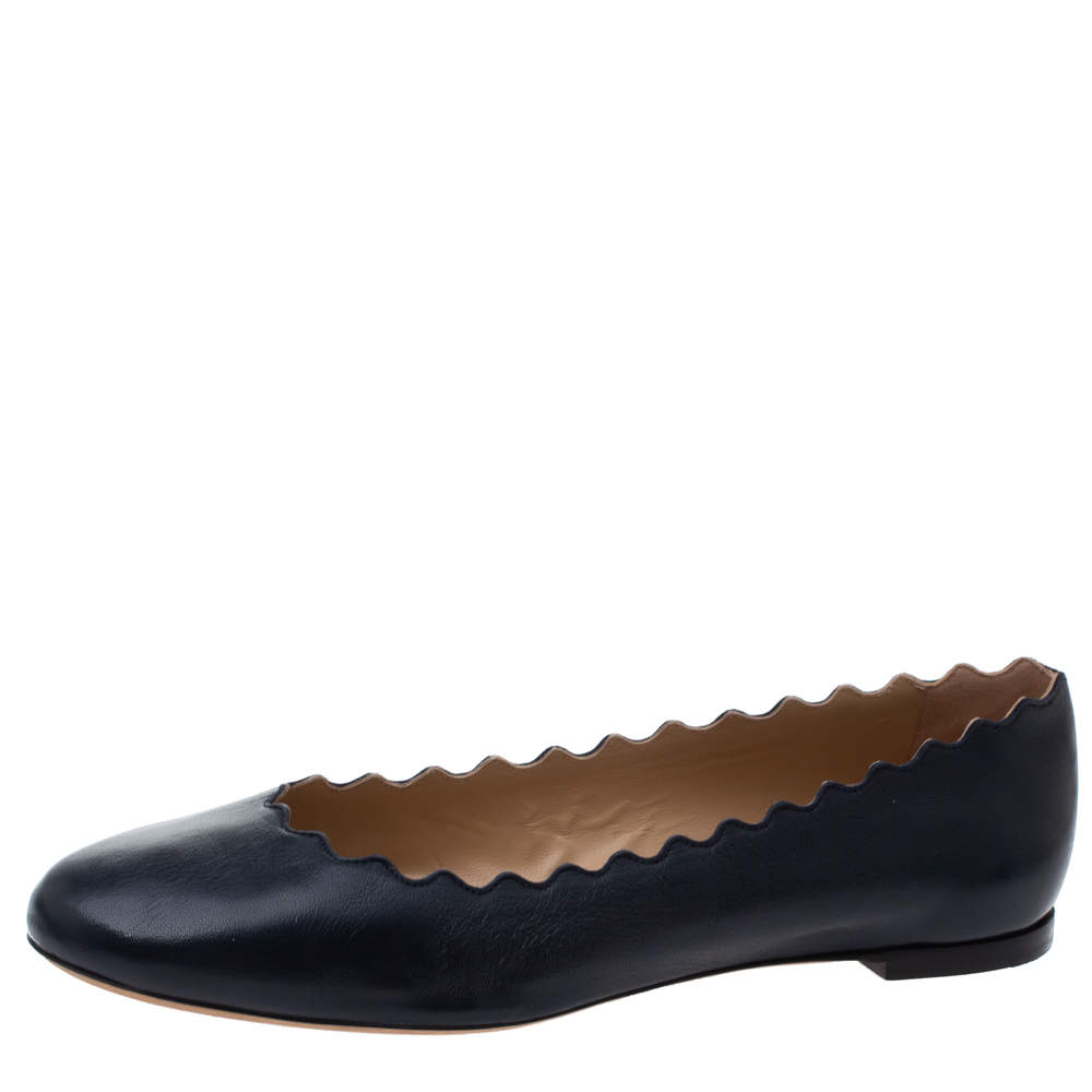 Pre Owned Chloe Navy Blue Leather Lauren Scalloped Ballet Flats Size 40