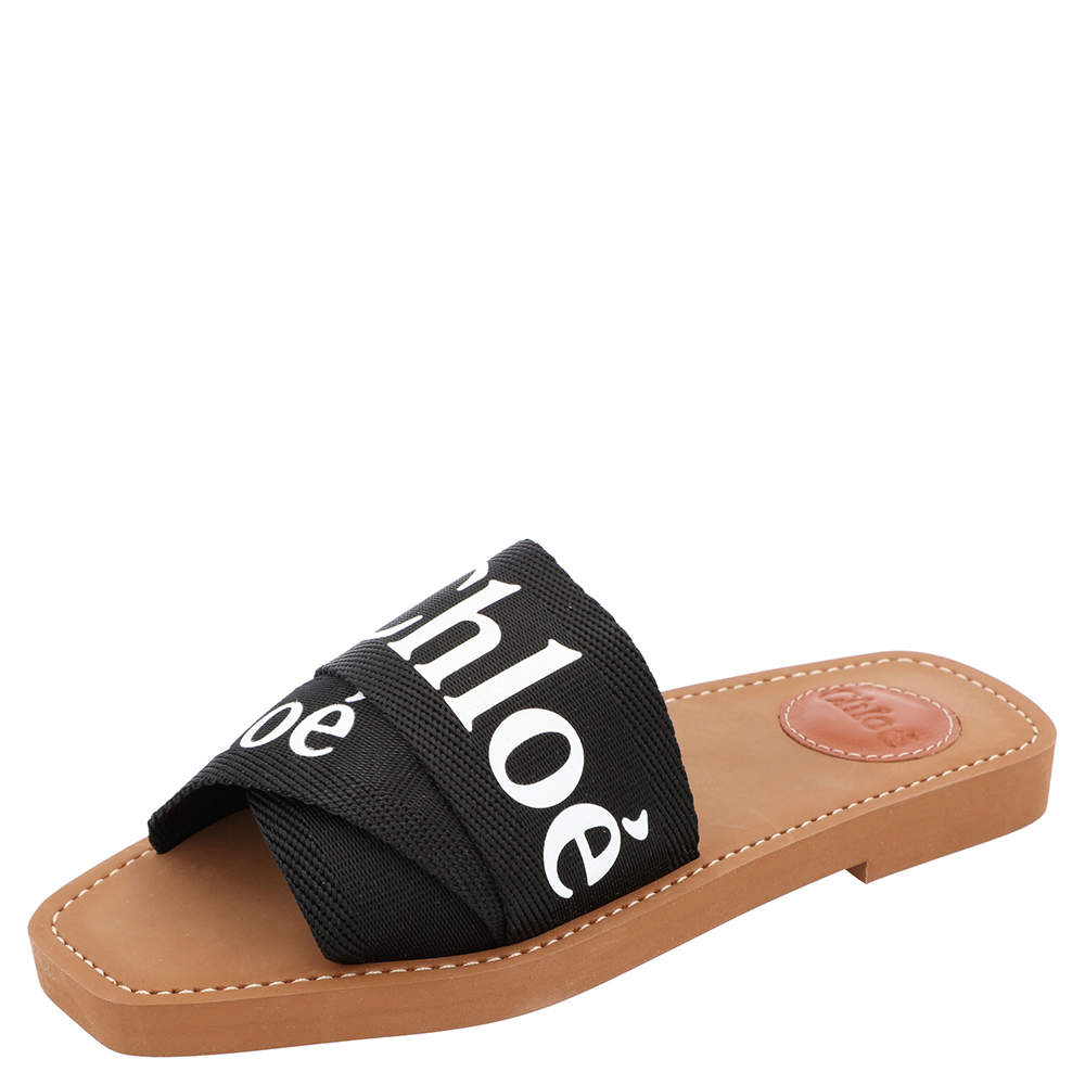 Chloe Black Canvas 'Woody' Logo Print Strap Sandals Size 36