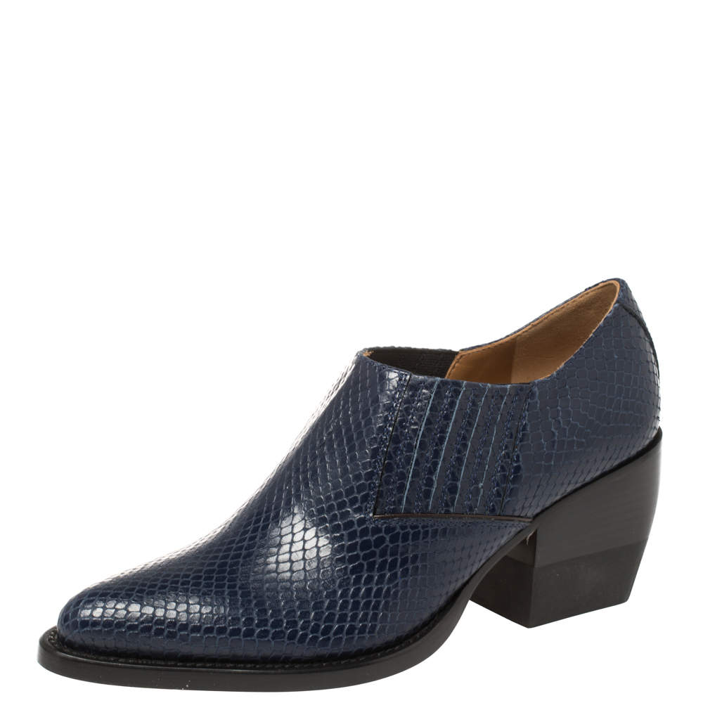 Pre Owned Chloe Blue Snake Embossed Leather Block Heel Ankle Booties Size 37
