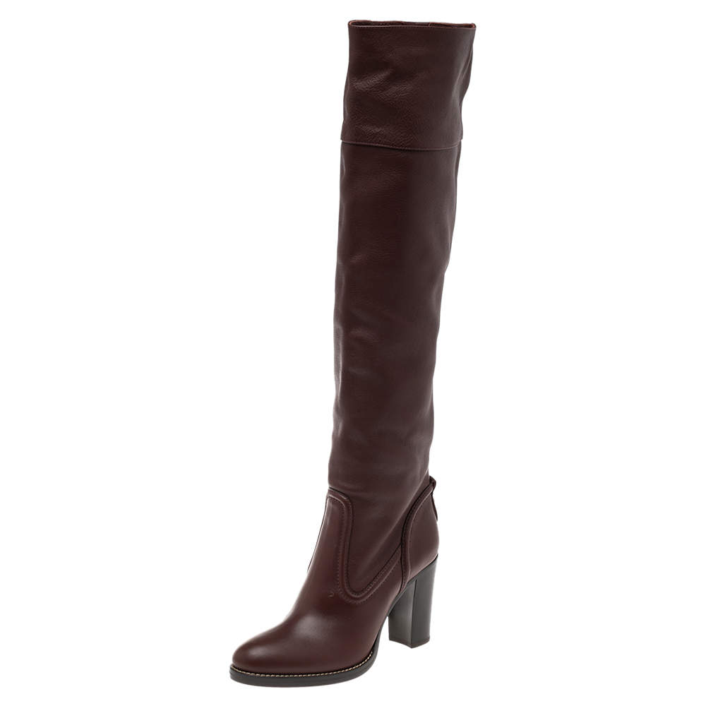 Pre Owned Chloe Burgundy Leather Emma Over The Knee Boots Size 38