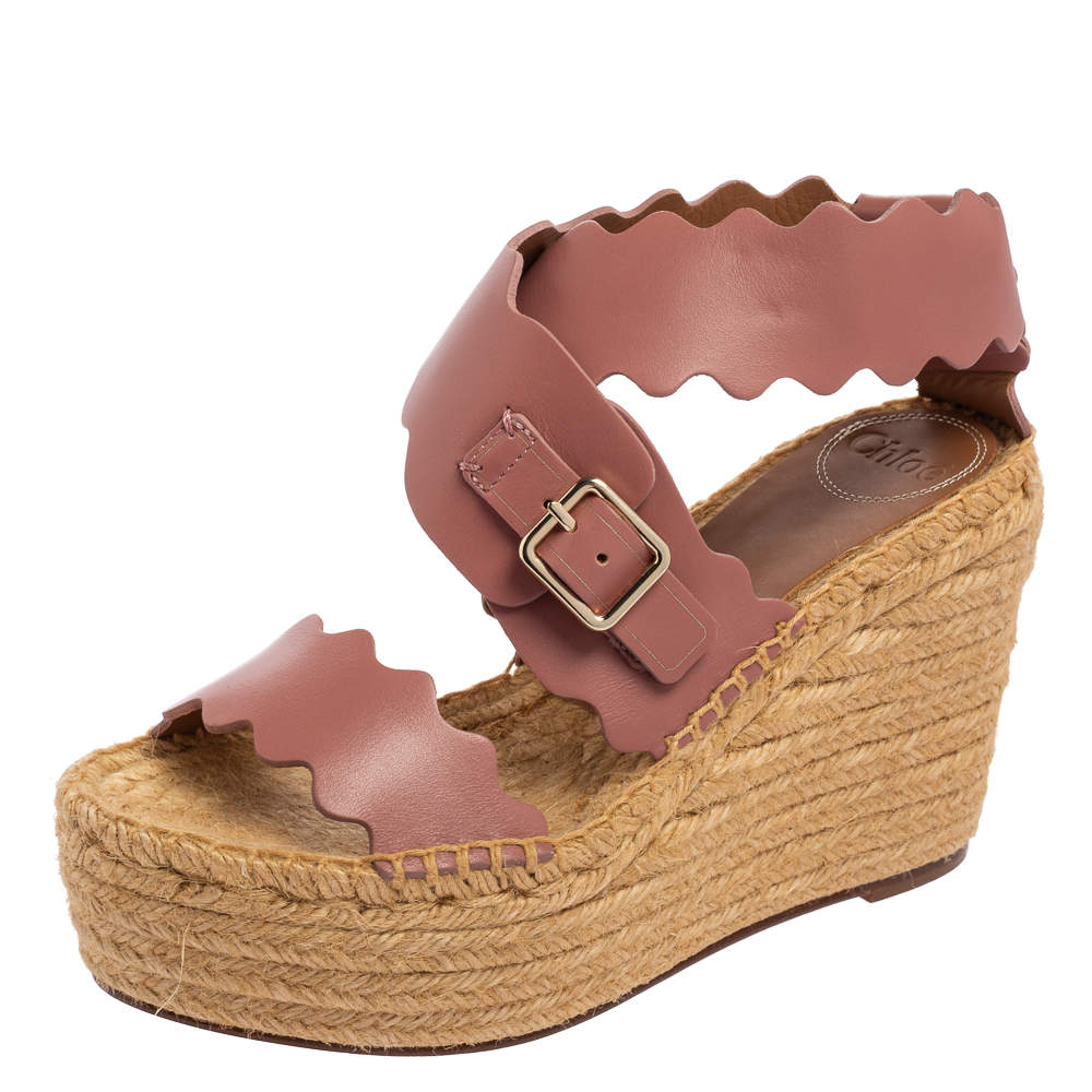 Chloe Pink Scalloped Leather Lauren Espadrille Wedge Sandals Size 39