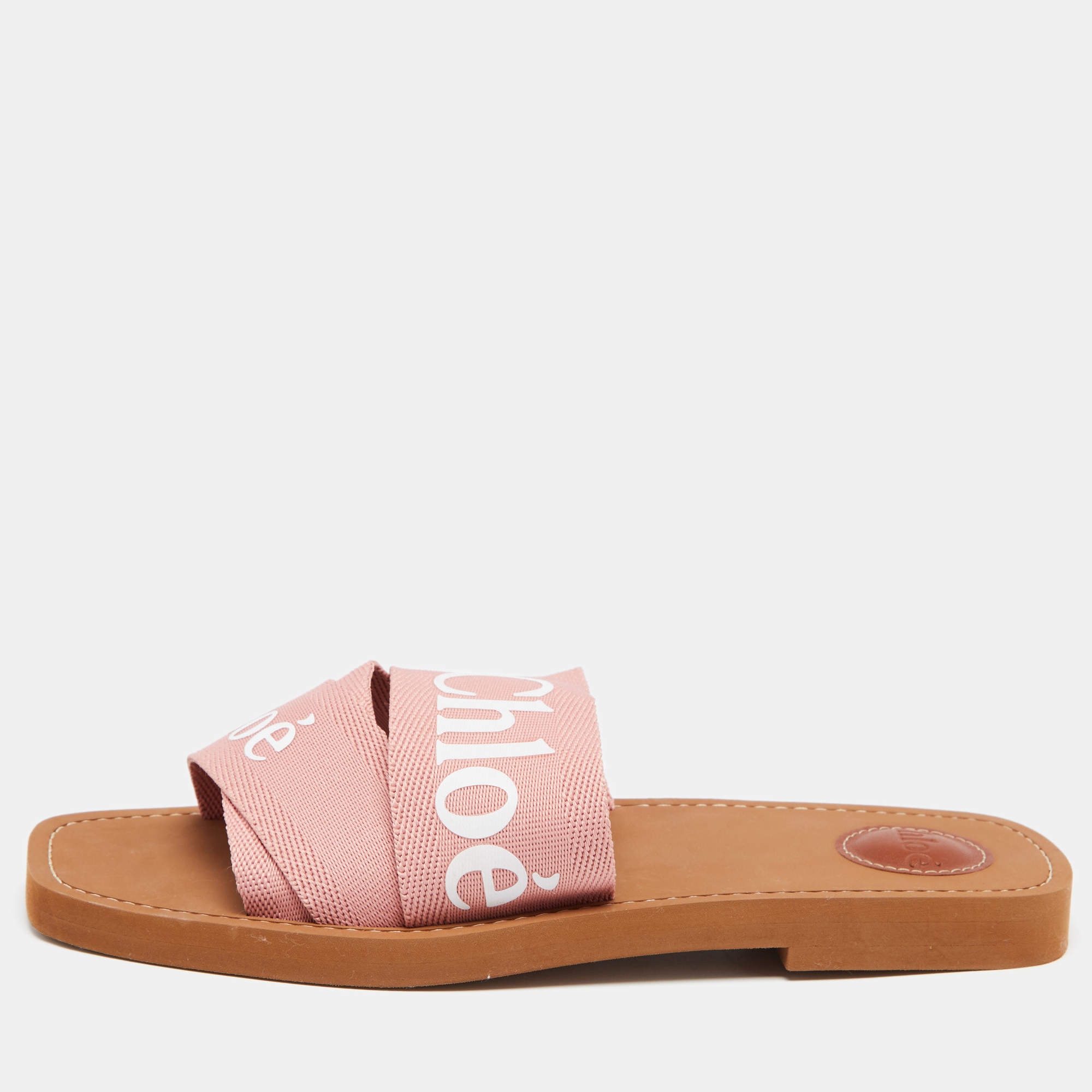 Pre Owned Chloe Pink Canvas Logo Ribbon Woody Flat Slide Sandals Size 40