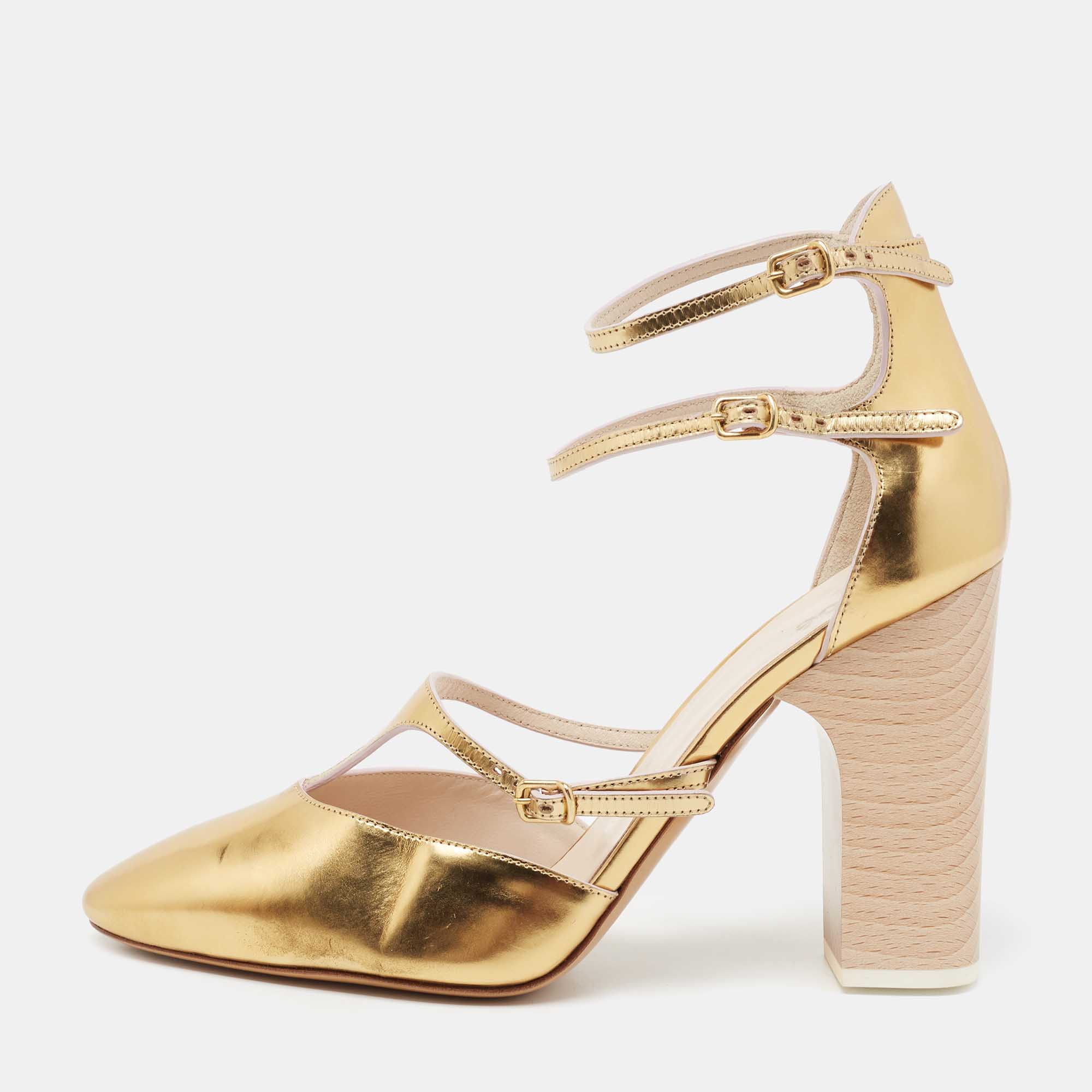 Chloe Gold Metallic Leather Block Heel Ankle-Strap Pumps