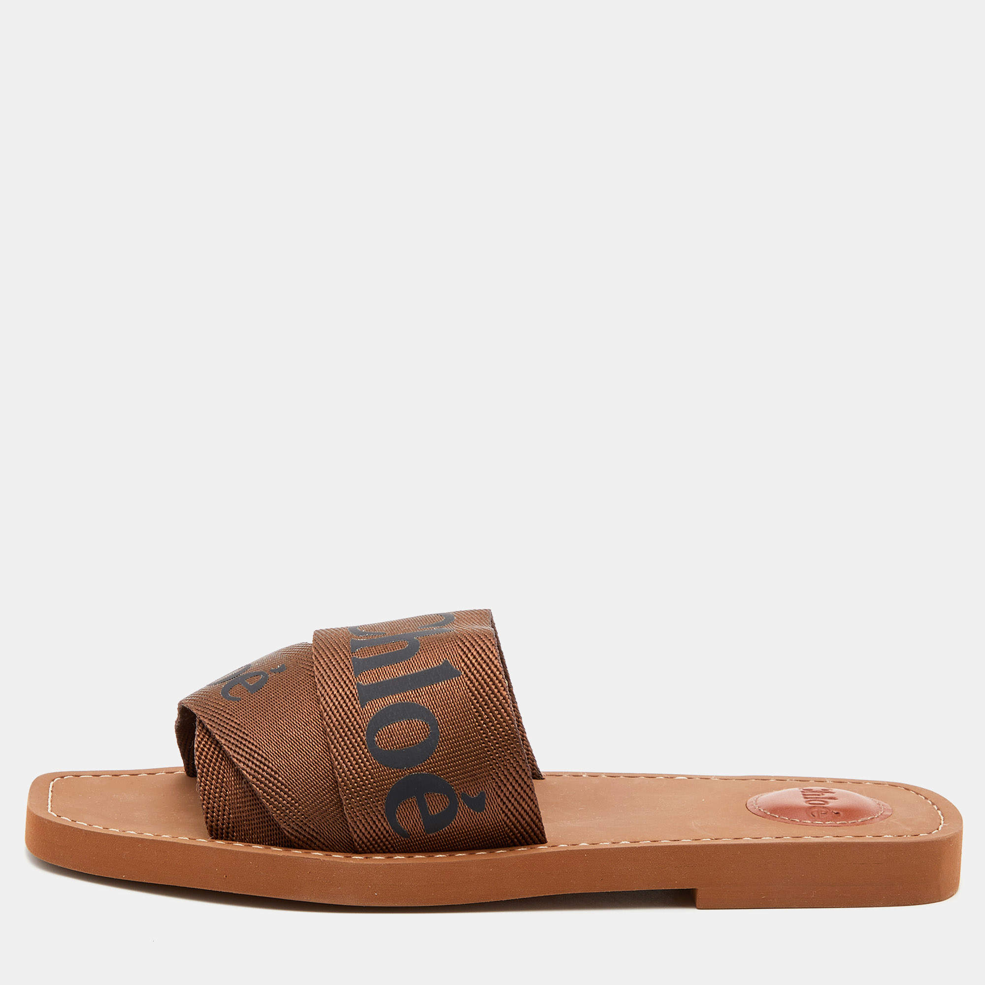 Pre Owned Chloe Brown Canvas Logo Ribbon Woody Flat Slides Size 40