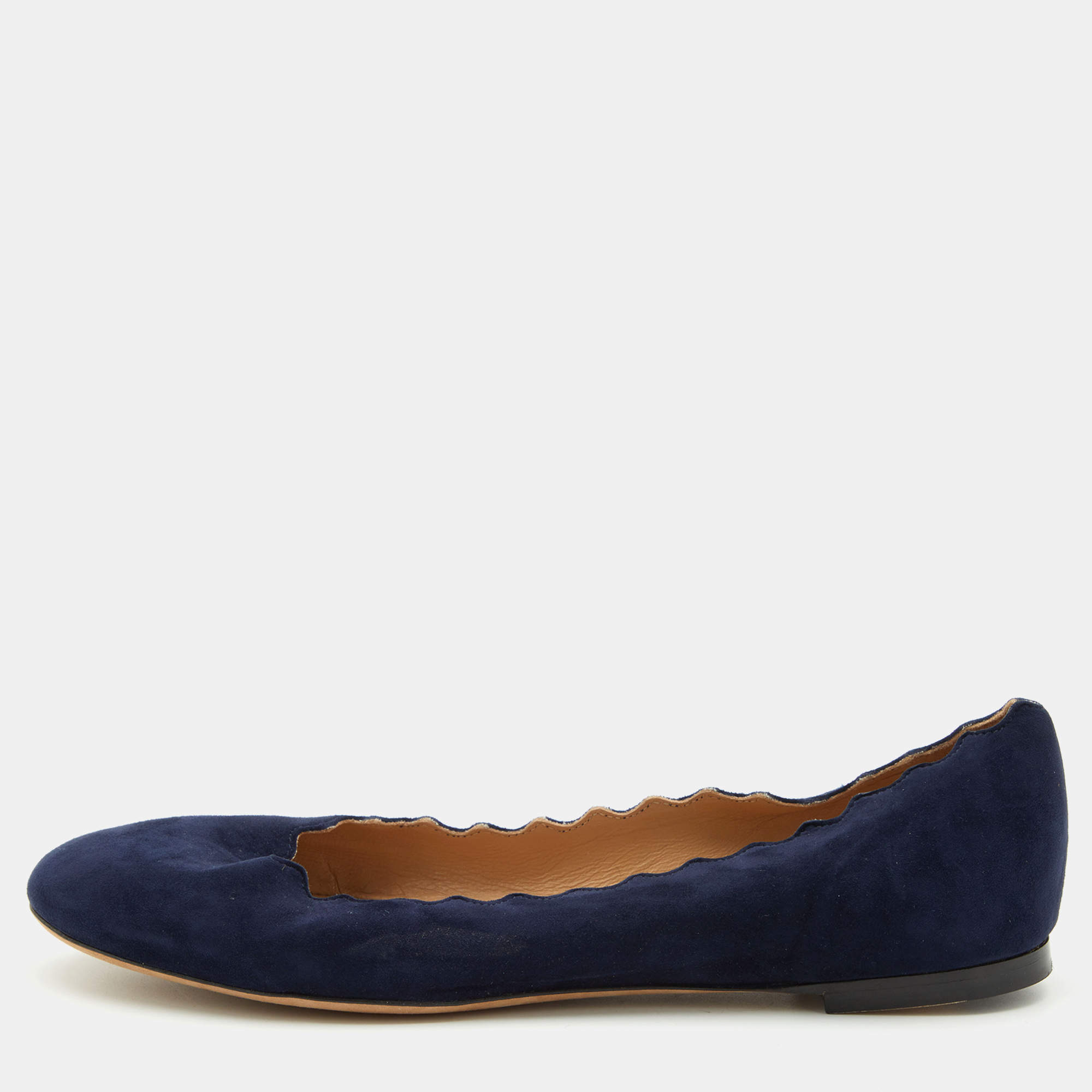 Pre Owned Chloé Navy Blue Scalloped Suede Lauren Ballet Flats Size 38.5