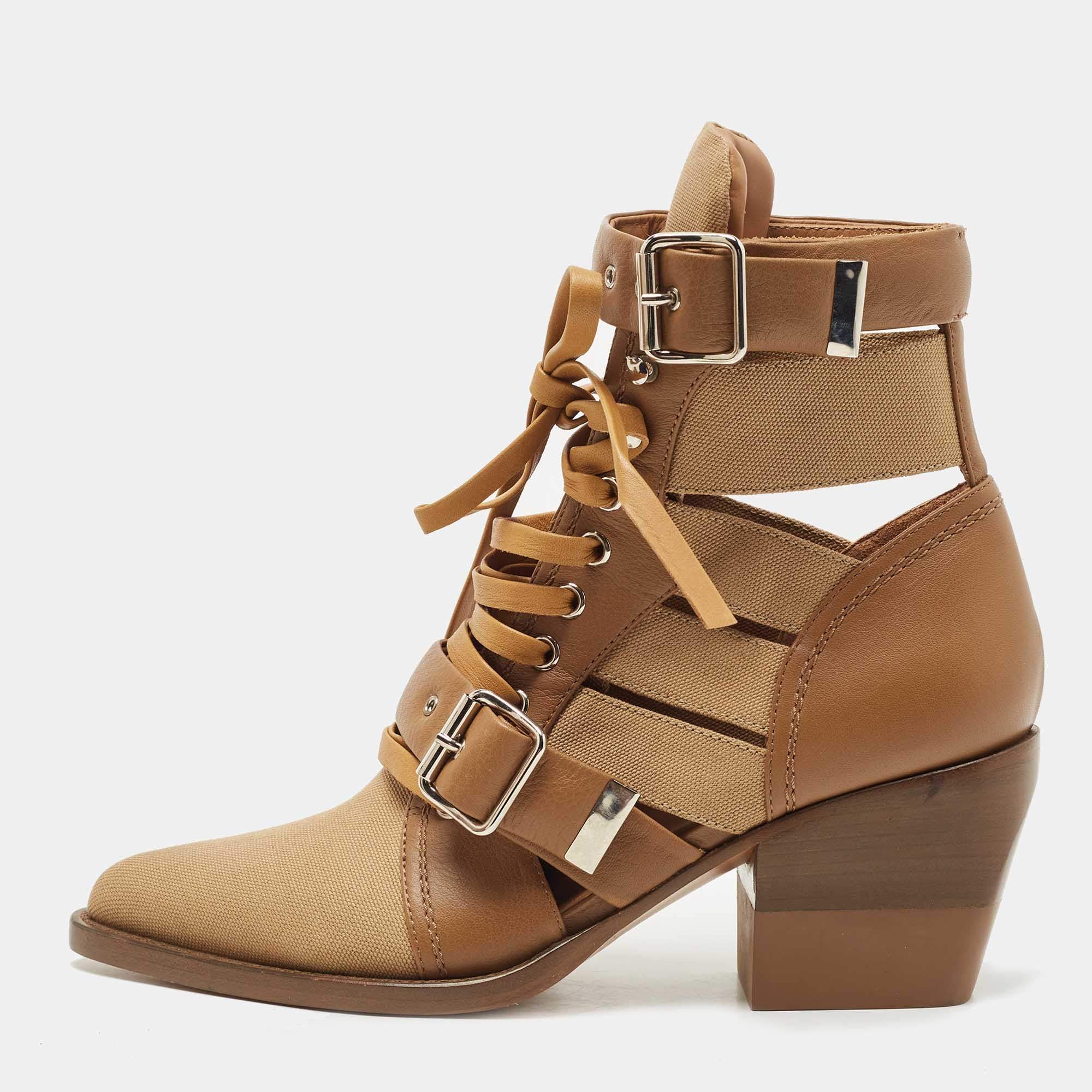 مملوكة مسبقًا Chloe Brown Leather and Canvas Rylee Cut Out Buckle Detail Ankle Boots Size 38.5