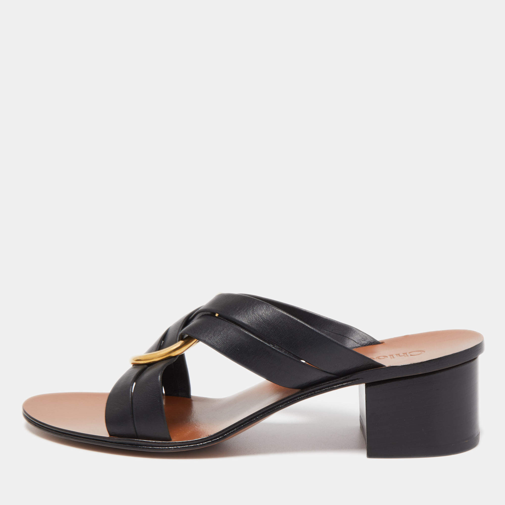 Chloé Black Leather  Rony Slides Block Heel Sandals Size 38