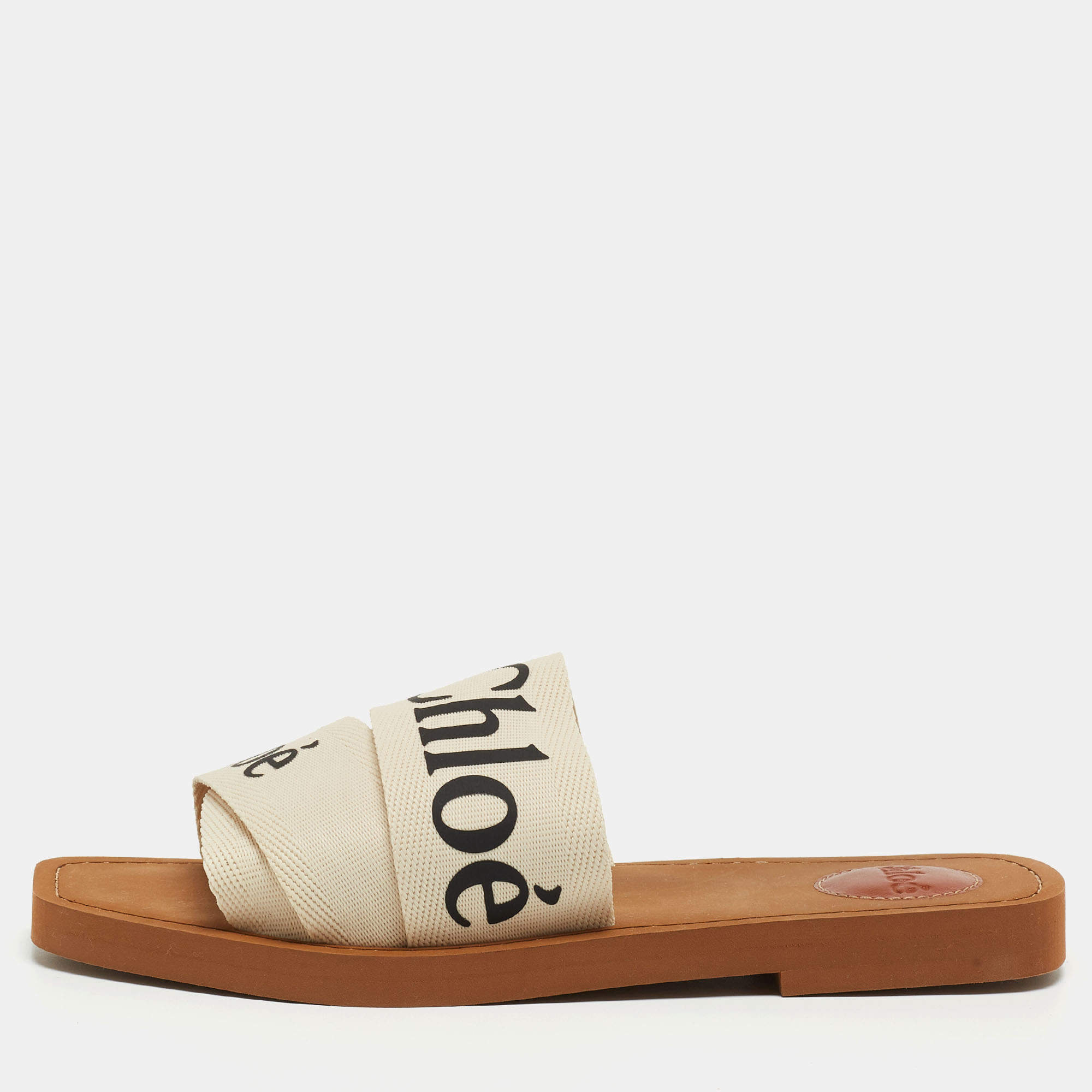 Chloé  White Logo Canvas Woody Flat Slides Size 38