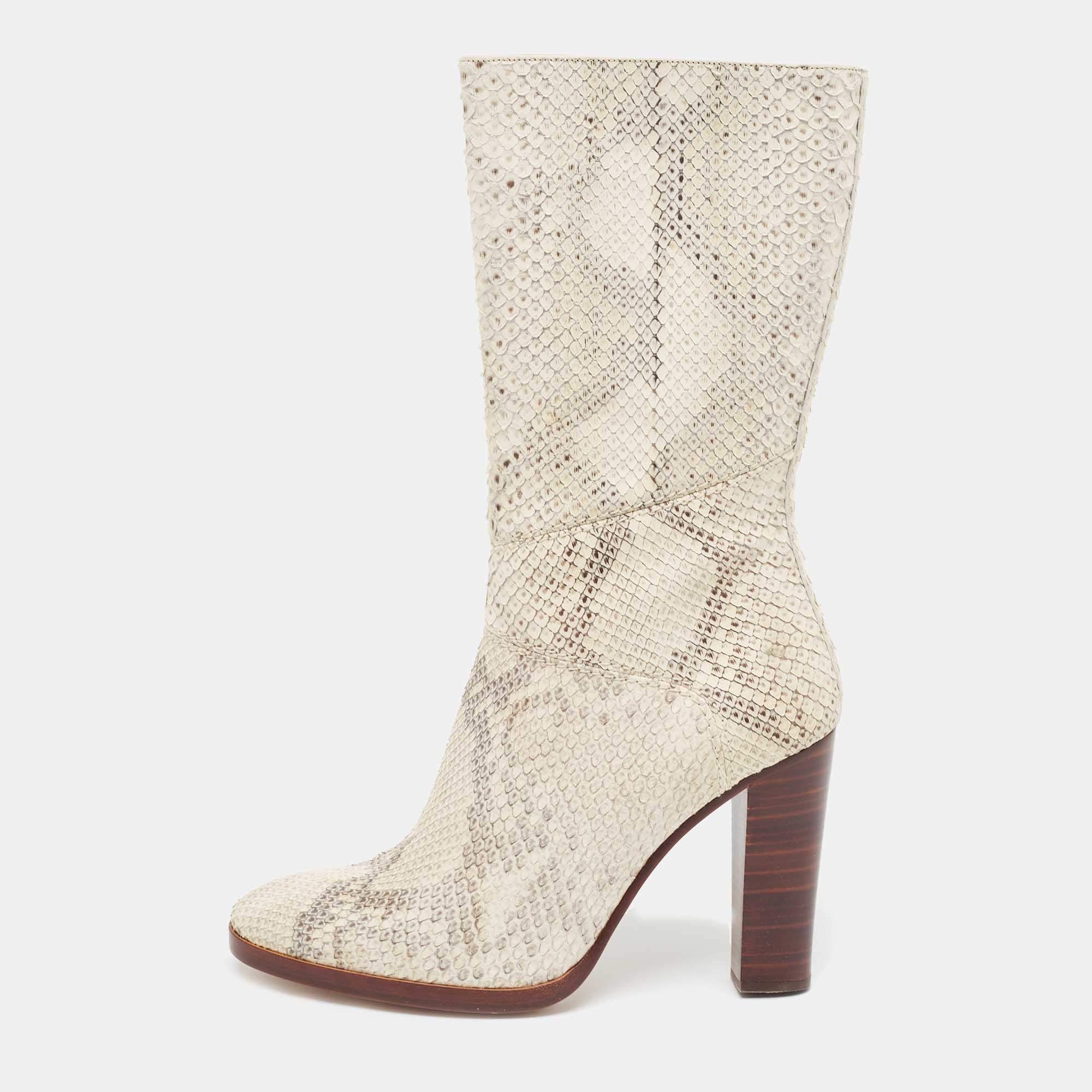 Pre Owned Chloé Two Tone Python Leather Adelie Mid Calf Boots Size 41.5
