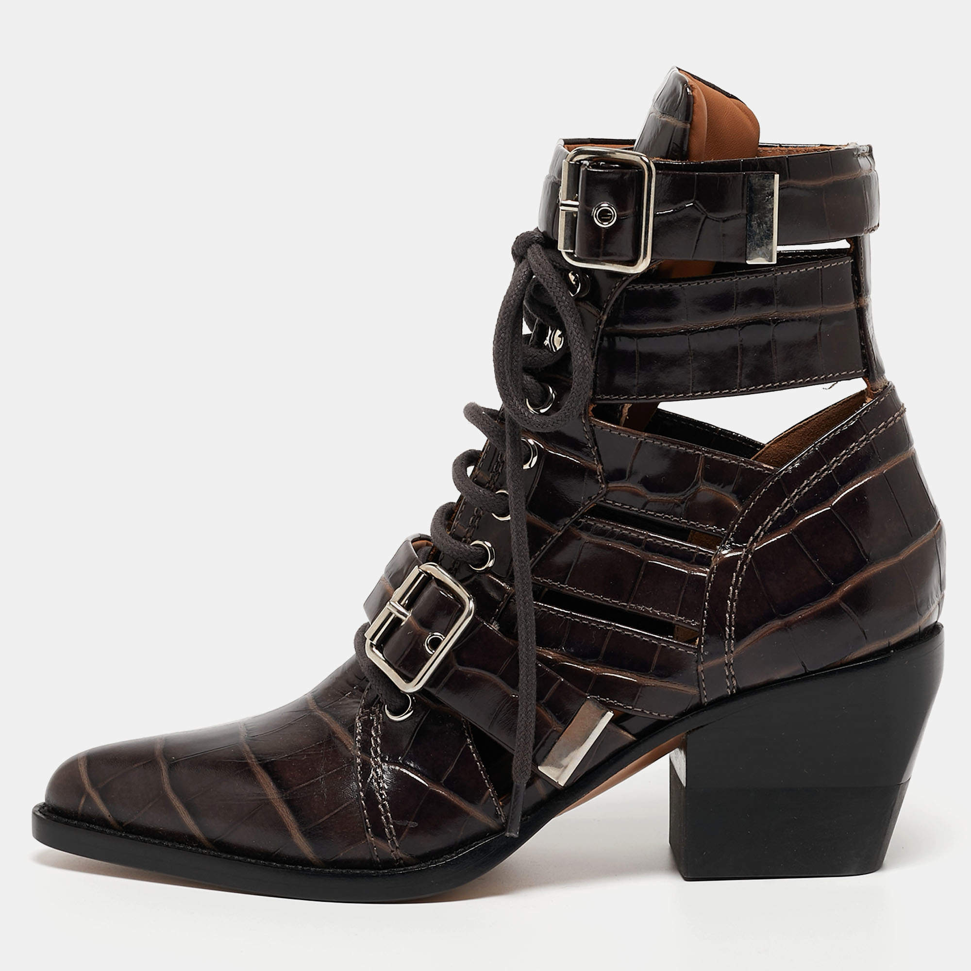 Pre Owned Chloe Brown Croc Leather Embossed Rylee Pointed Toe Boots 38