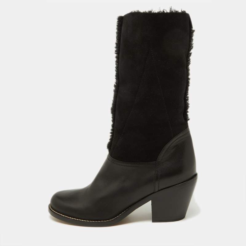 Pre Owned Chloe Black Leather, Suede and Fur Trim Mid Calf Boots Size 39
