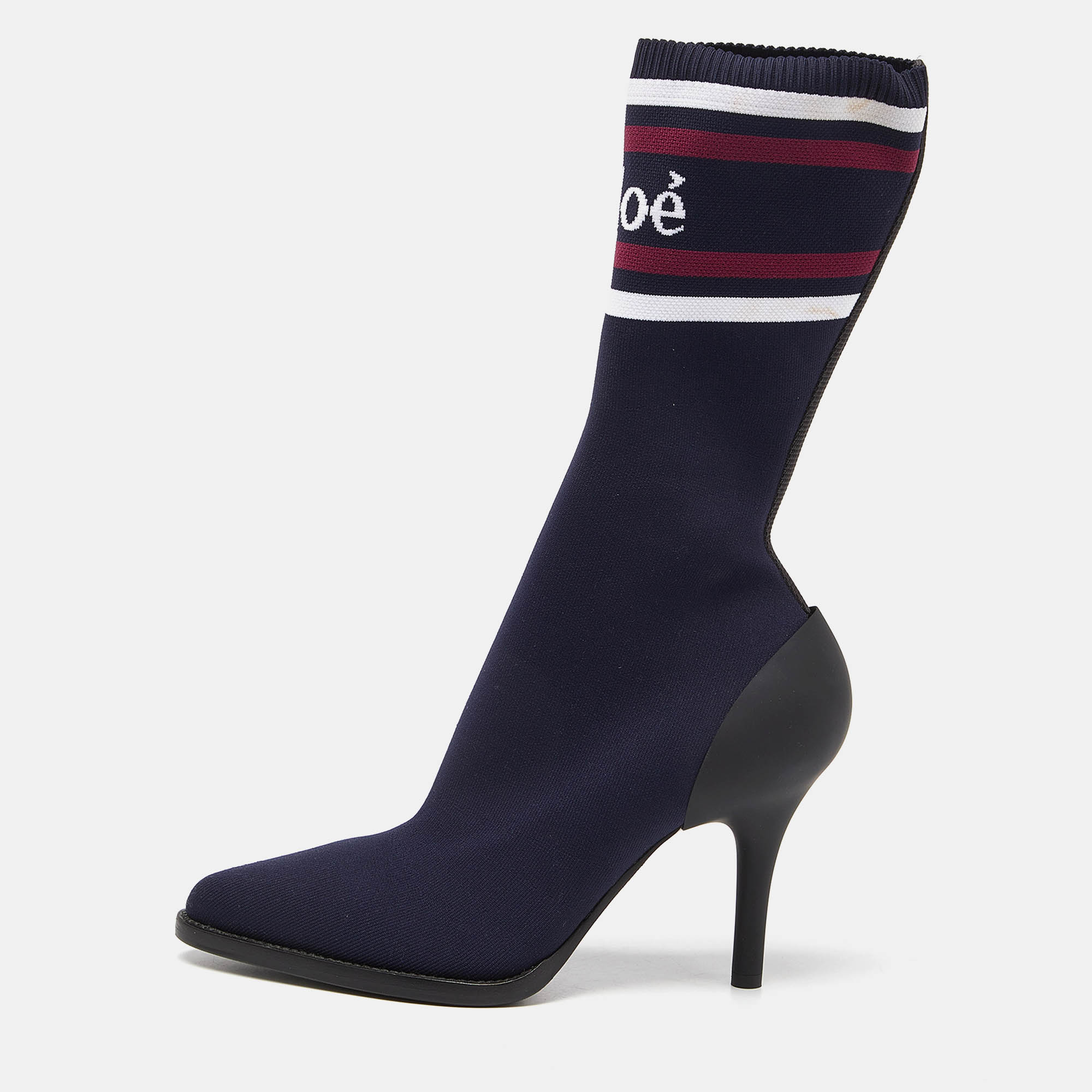 مملوكة مسبقًا Chloe Blue Knit Fabric Tracey Mid Calf Boots Size 40