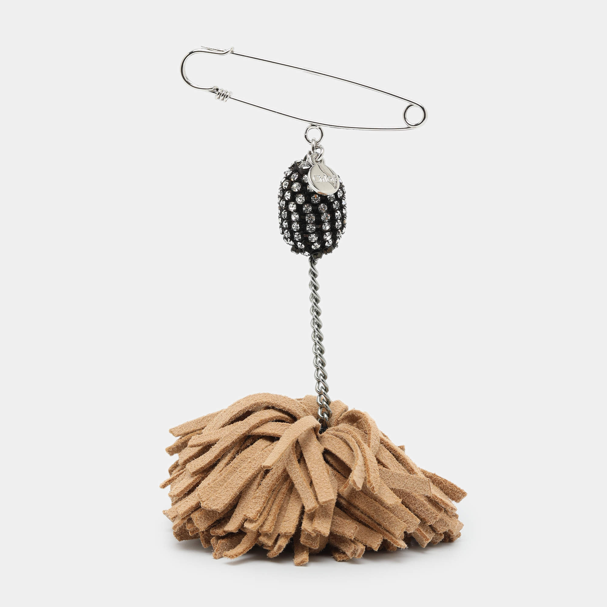 Pre Owned Chloé Beige Suede/Crystals and Silver Tone Metal Fringes Brooch