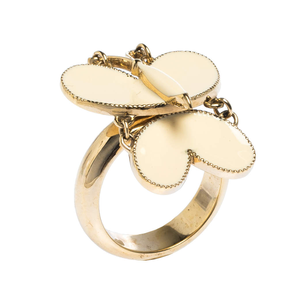 Chloe Butterfly Motif Enamel Gold Tone Ring Size 52.5