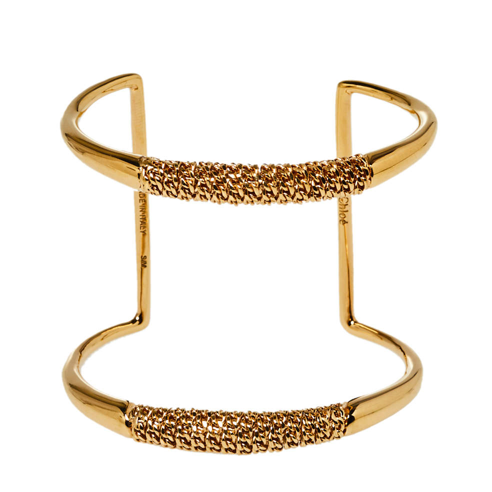 Chloé Gold Tone Chain Link Detail Open Cuff Bracelet S/M