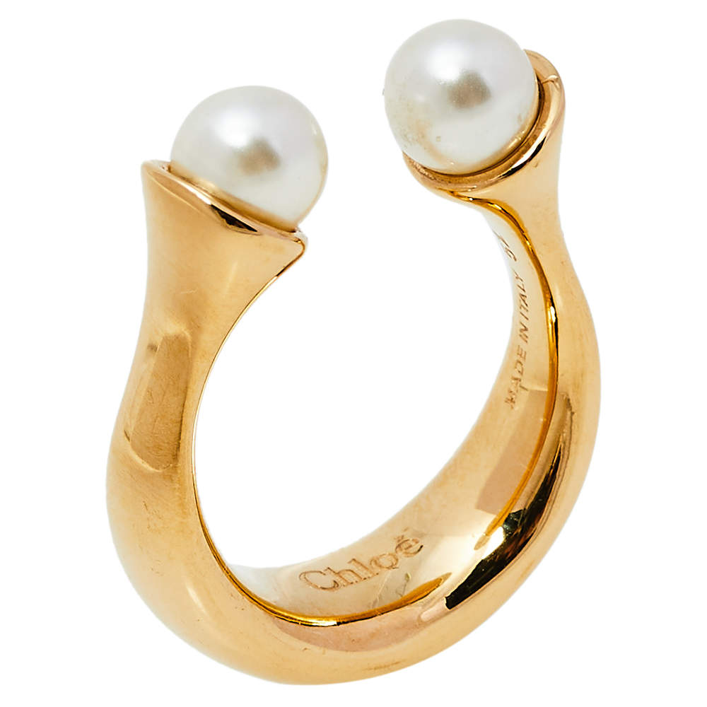 Pre Owned Chloé Gold Tone Pearl Embellished Darcey Ring Size EU 52