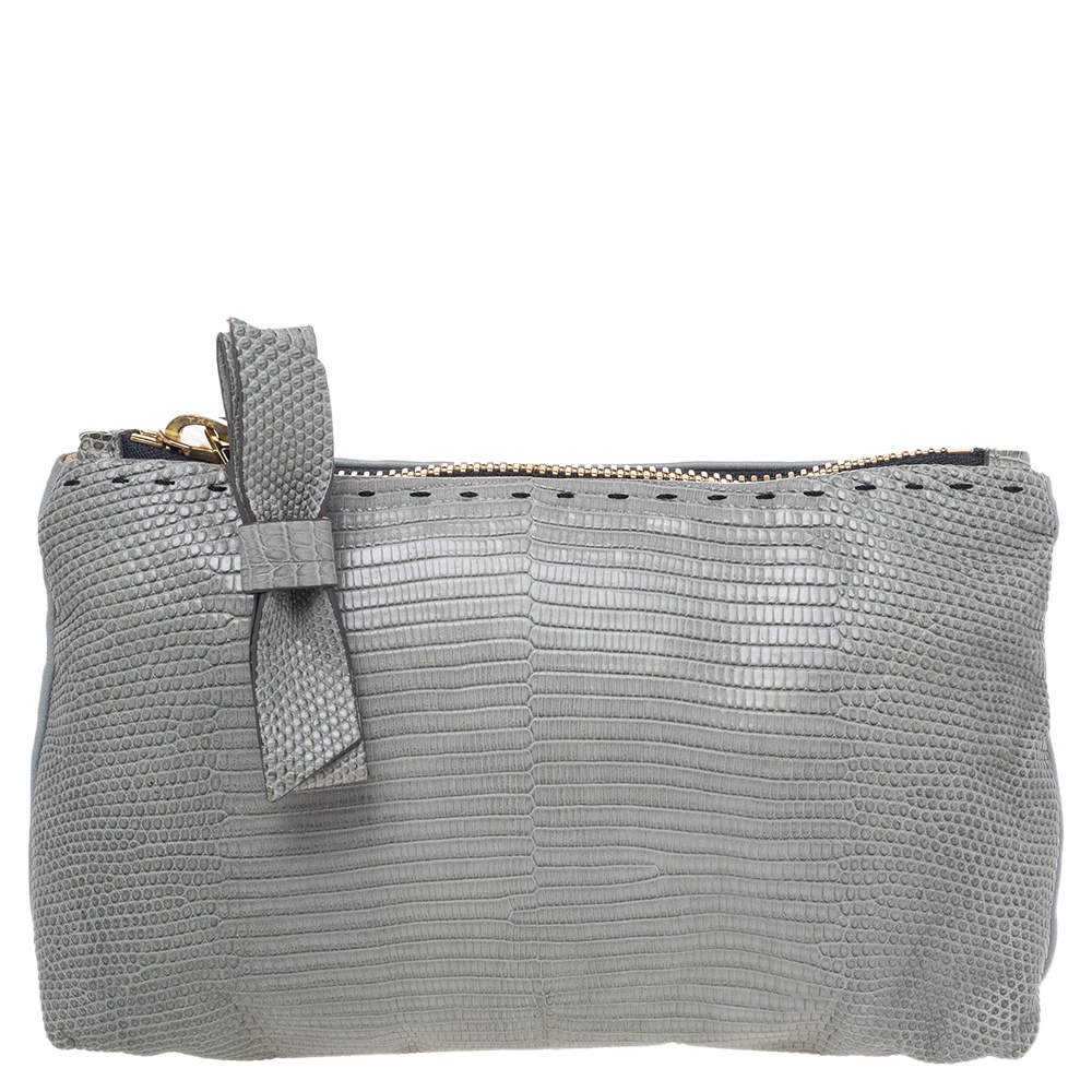 Pre Owned Chloe Grey Lizard Leather Top Zip Pouch