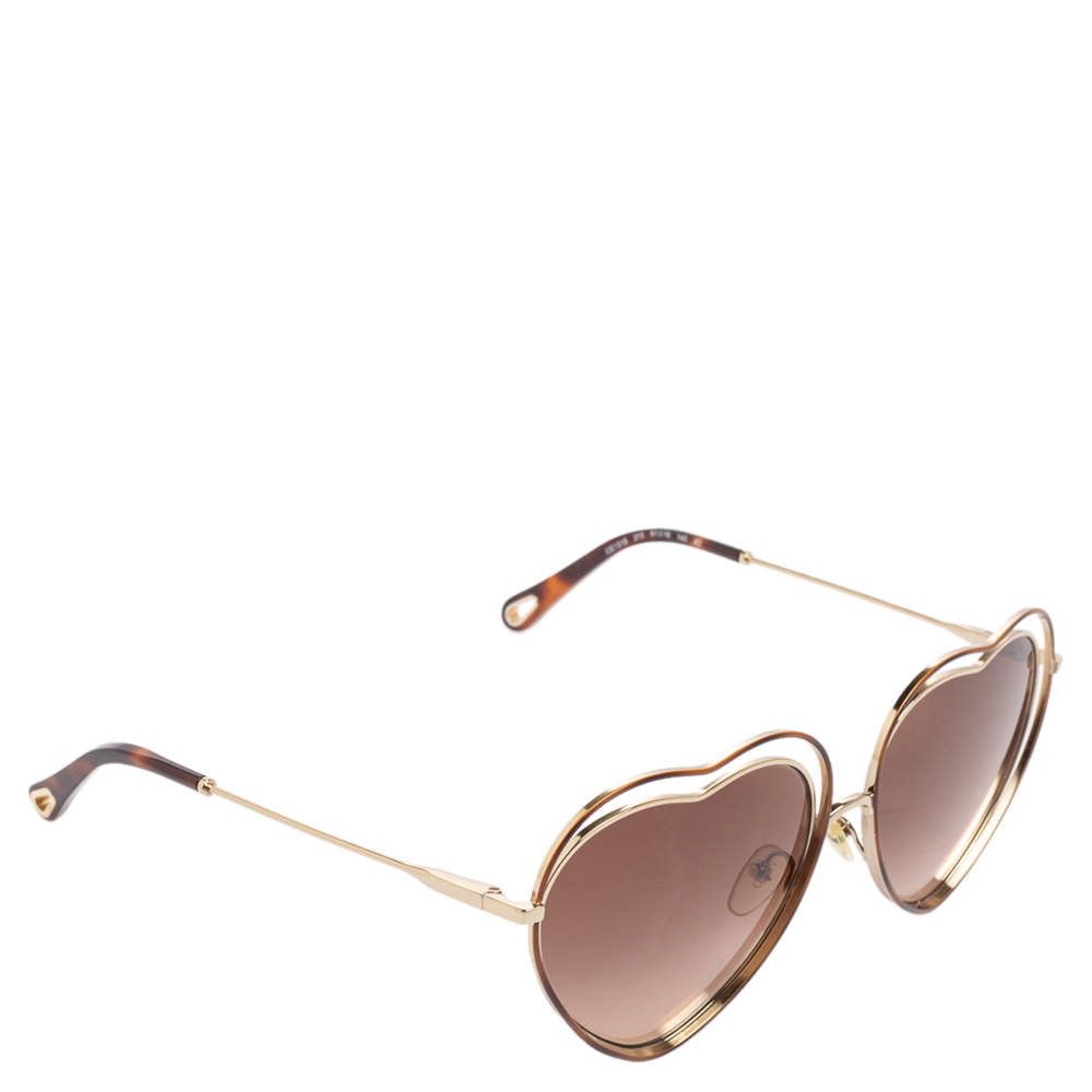 Pre Owned Chloe Gold Tone/ Brown Gradient CE131S Poppy Love Heart Sunglasses