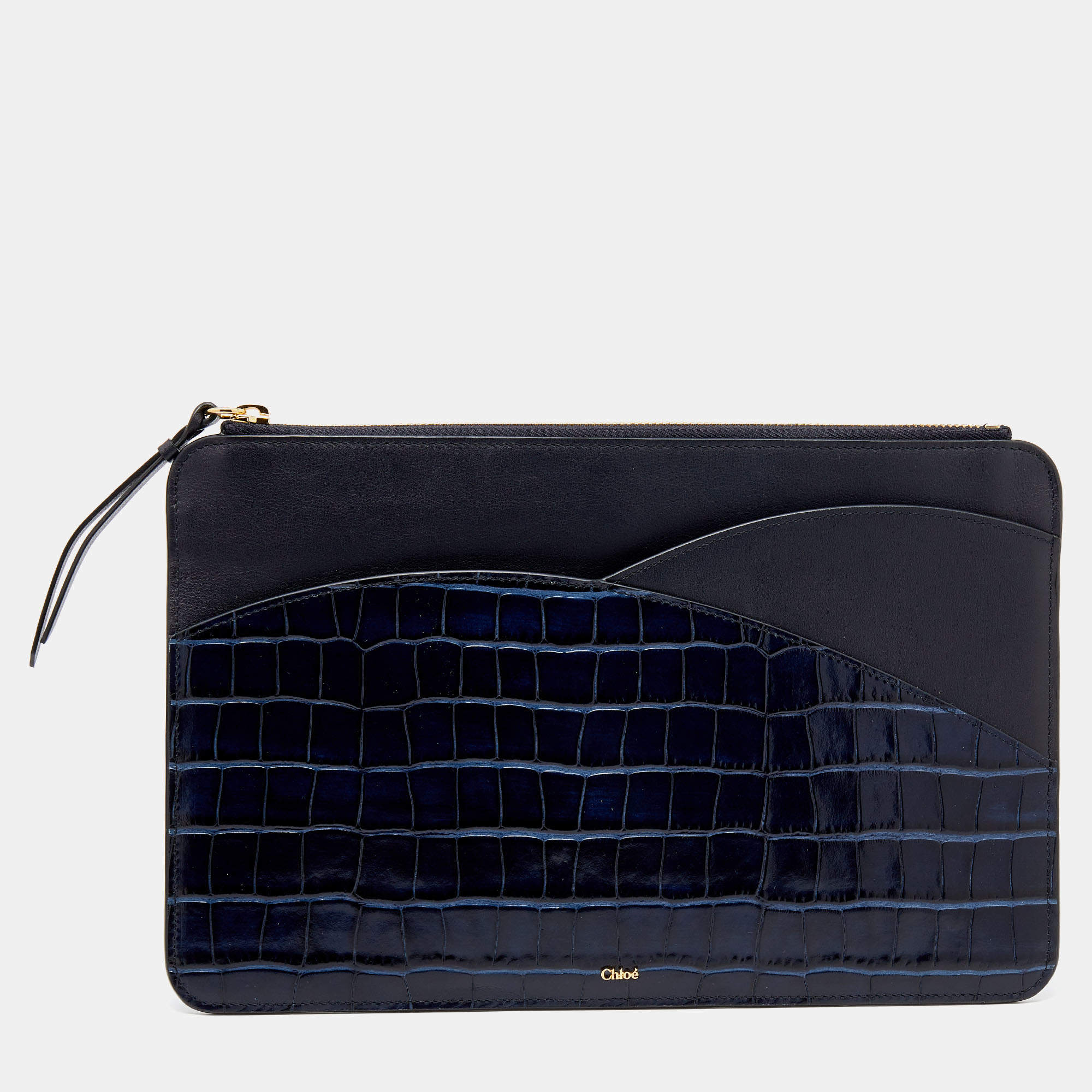 Chloe Navy Blue Croc Embossed Leather iPad Pouch