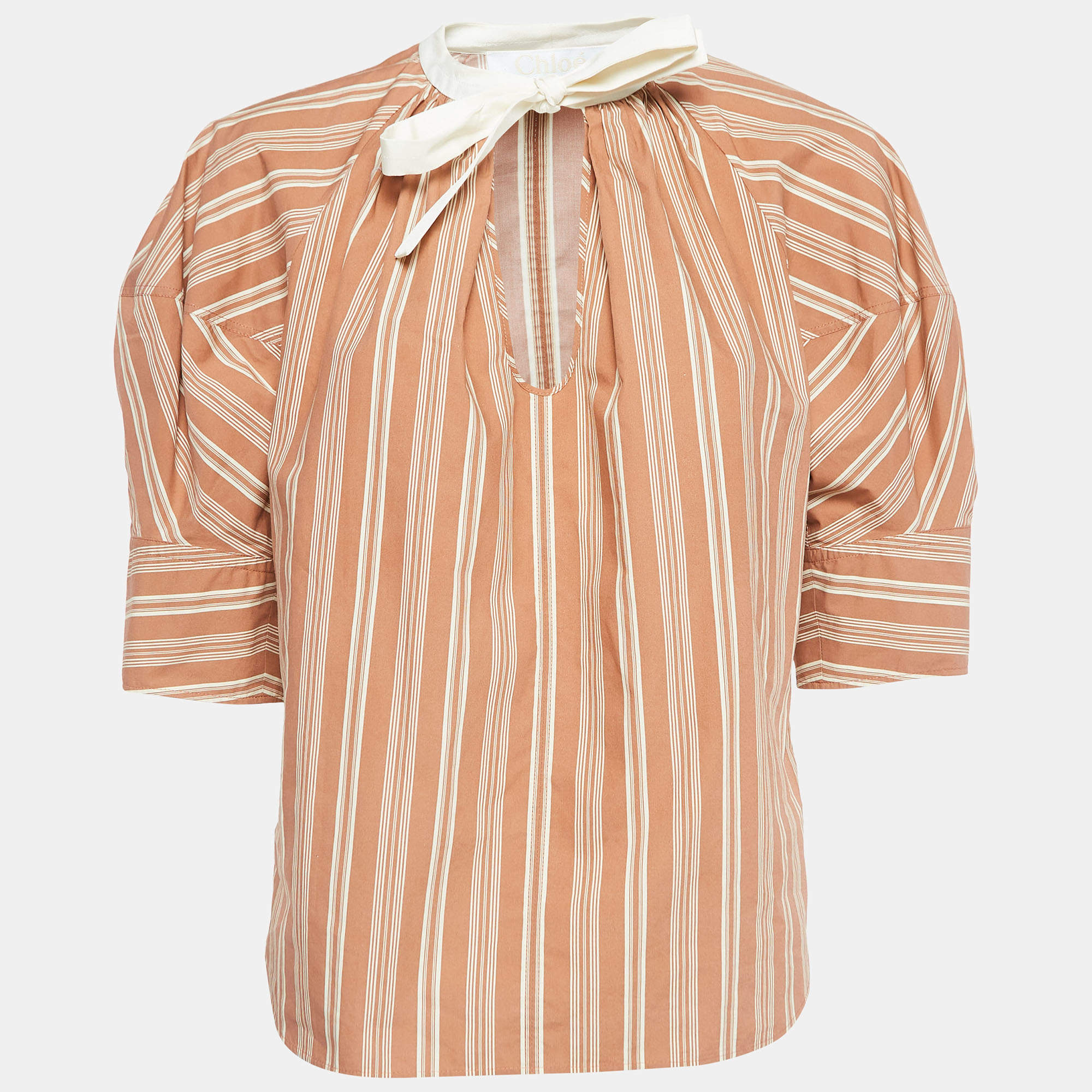 Chloe Brown Stripe Print Silk Neck Tie Up Top M