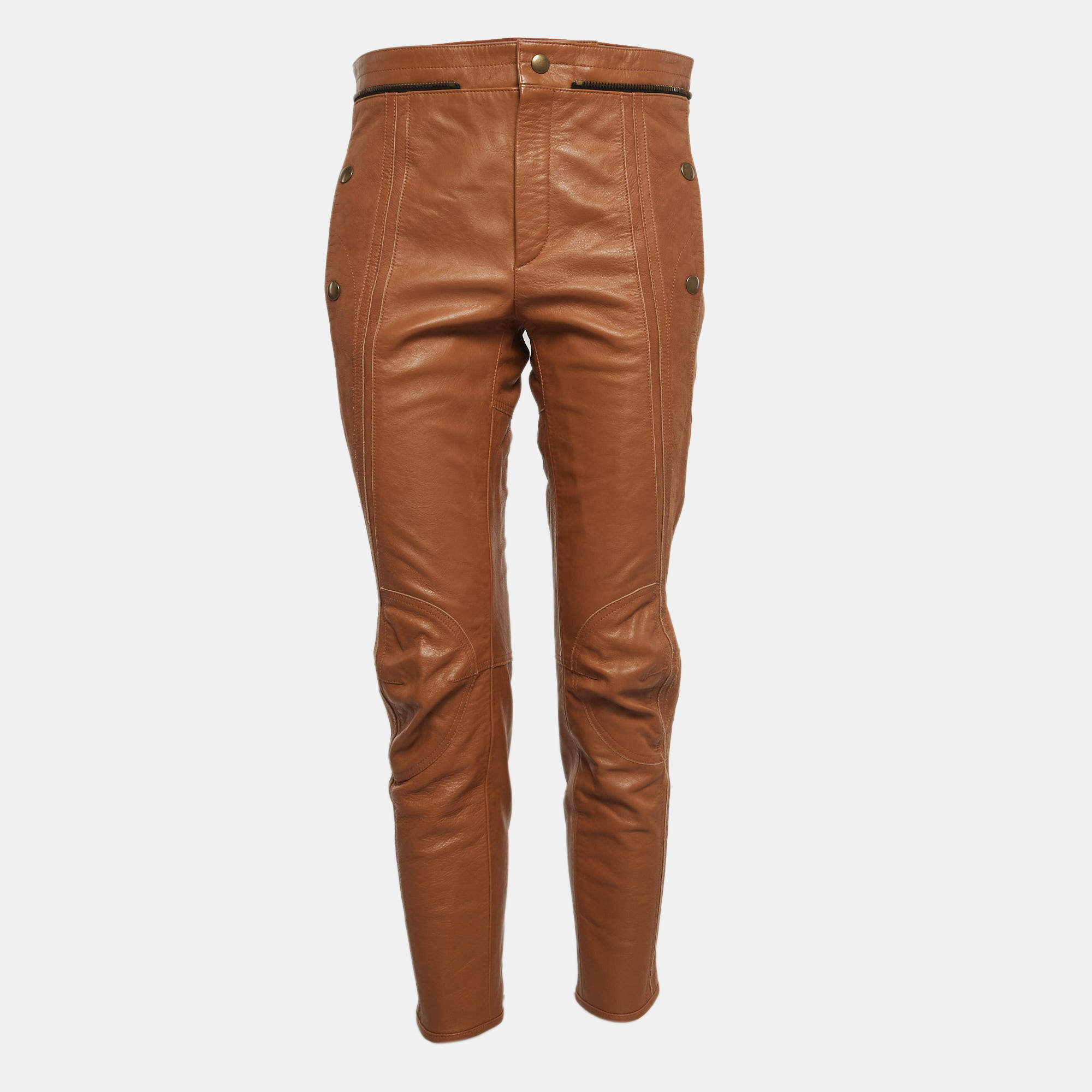 Pre Owned بنطلون كلوى جلد بني هافانا ضيق الأرجل وسط