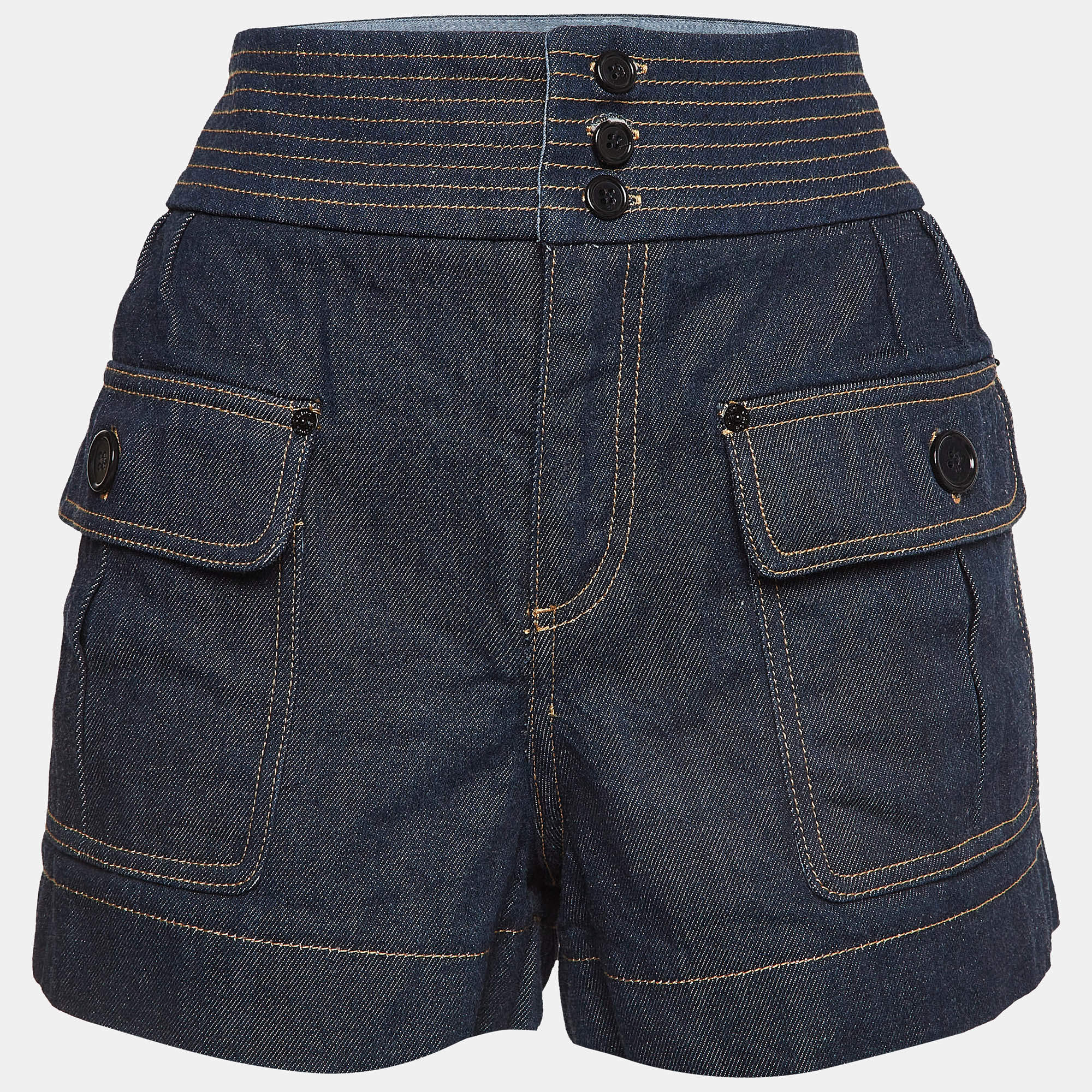 Pre Owned Chloe Indigo Raw Denim High Waist Shorts M