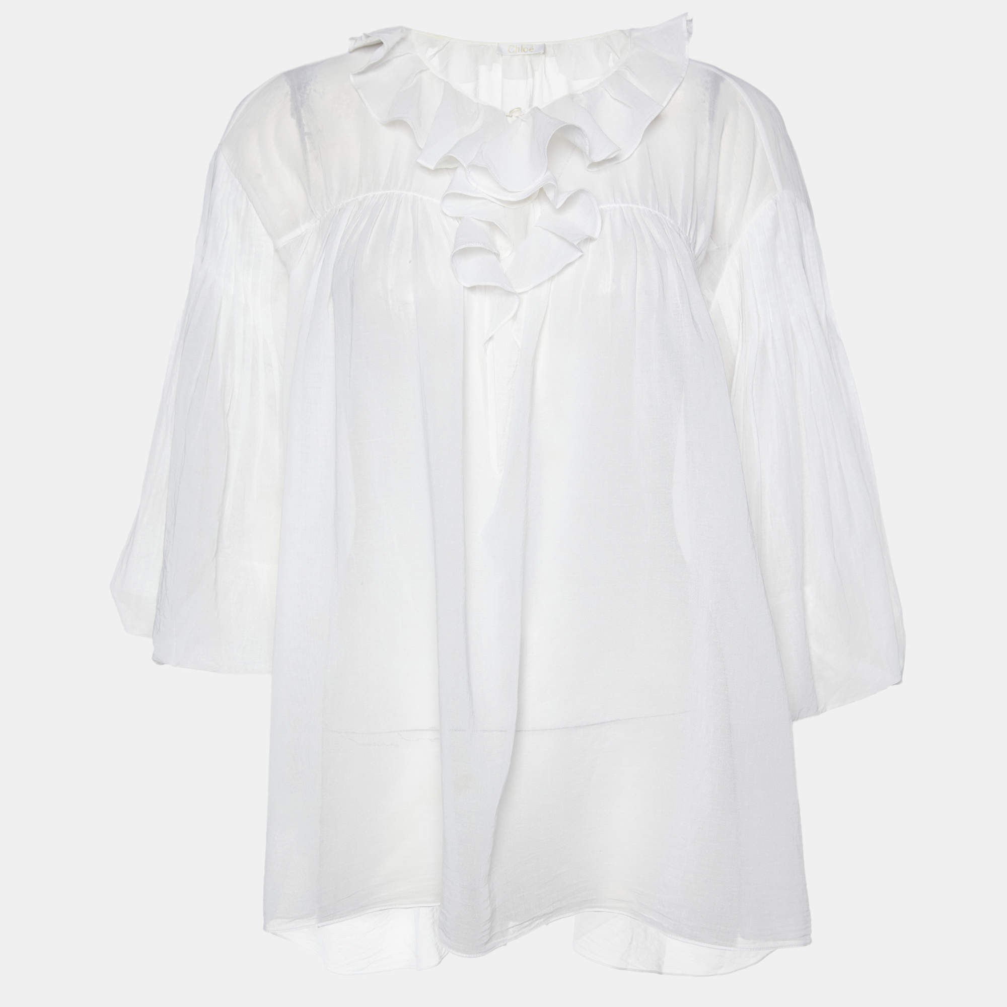 Pre Owned Chloe Off-White Cotton Pleated Loose Fit Top M