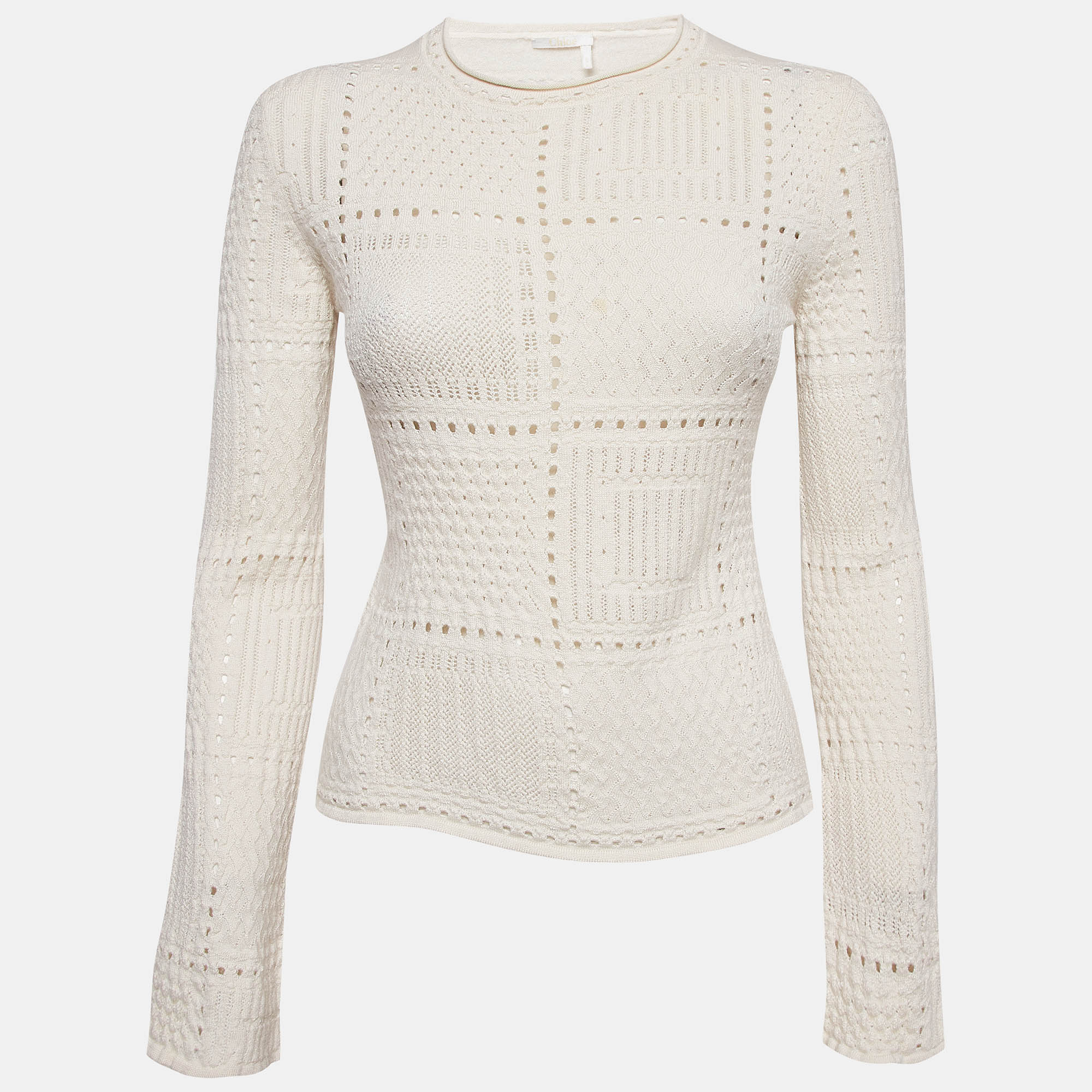 Pre Owned Chloe Off White Ecru Knit Long Sleeve Sweater L