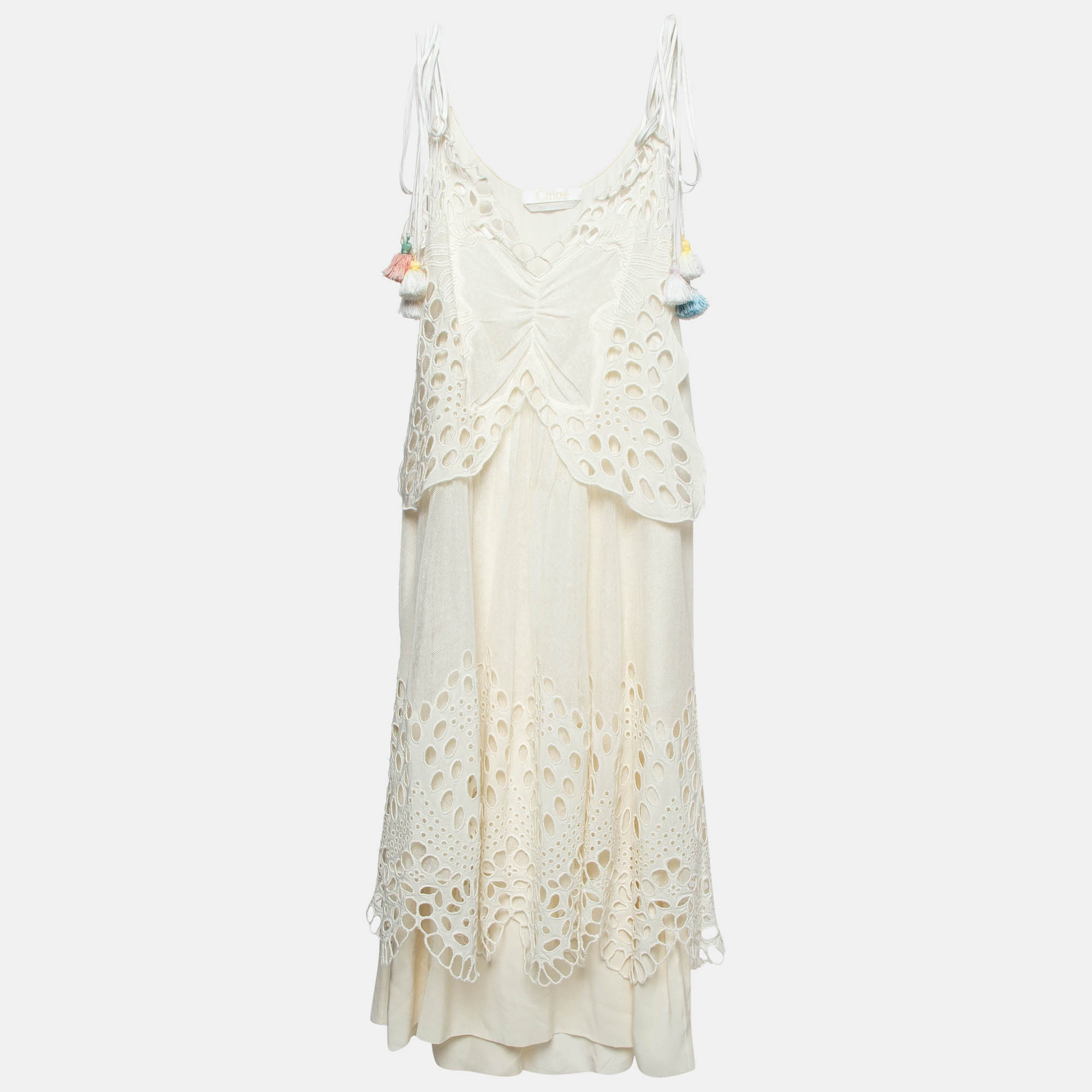 Chloe Off White Mesh and Broderie Anglaise Midi Dress L