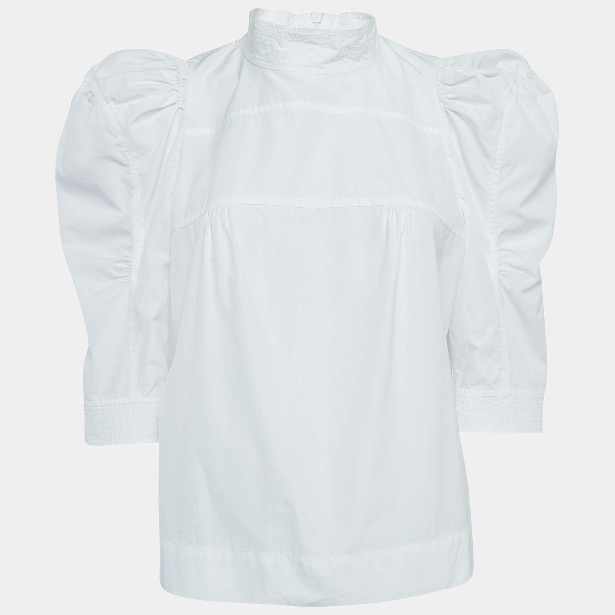 Chloe White Cotton Puff Sleeves High Neck Blouse L