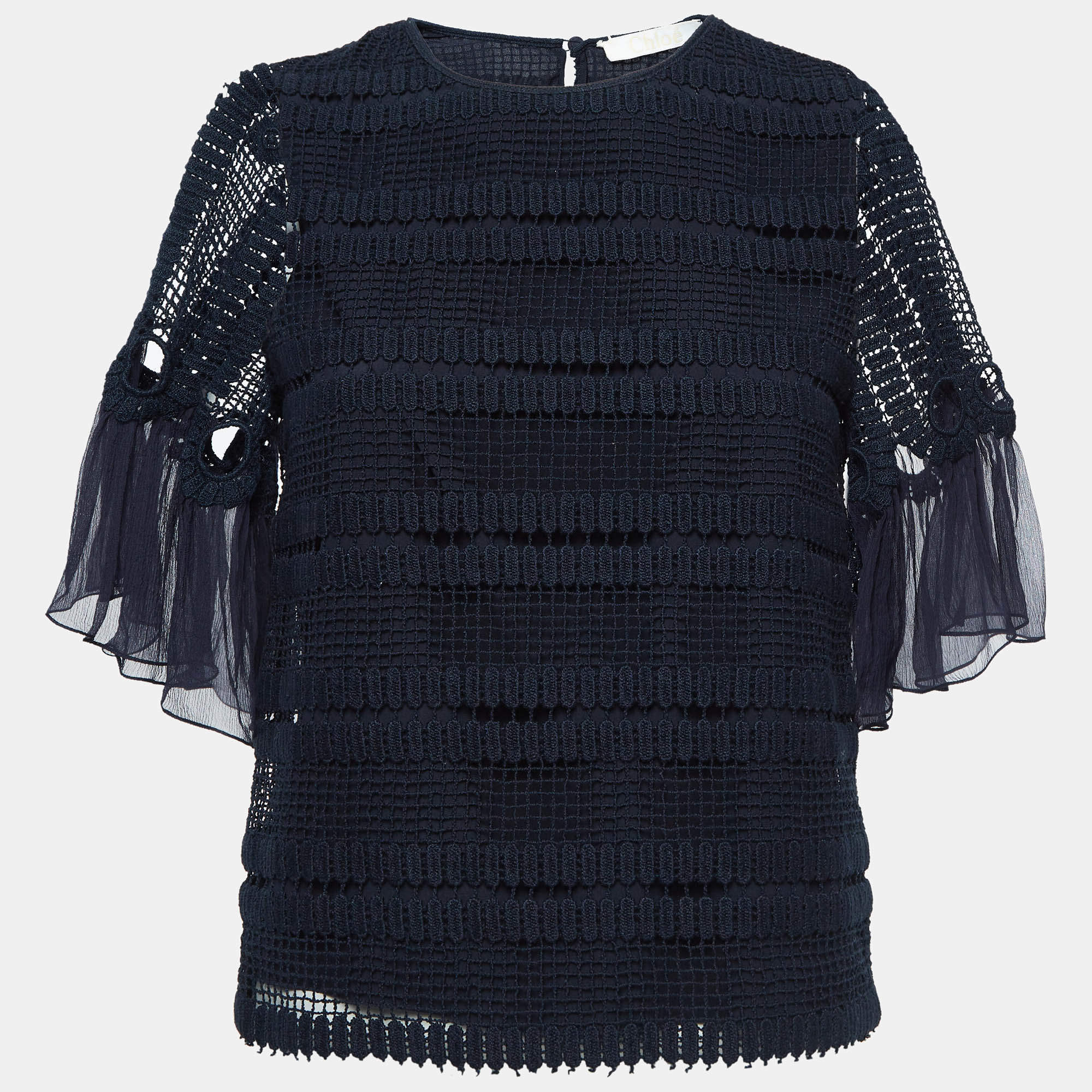 Chloe Navy Blue Crochet Flutter Sleeve Top S