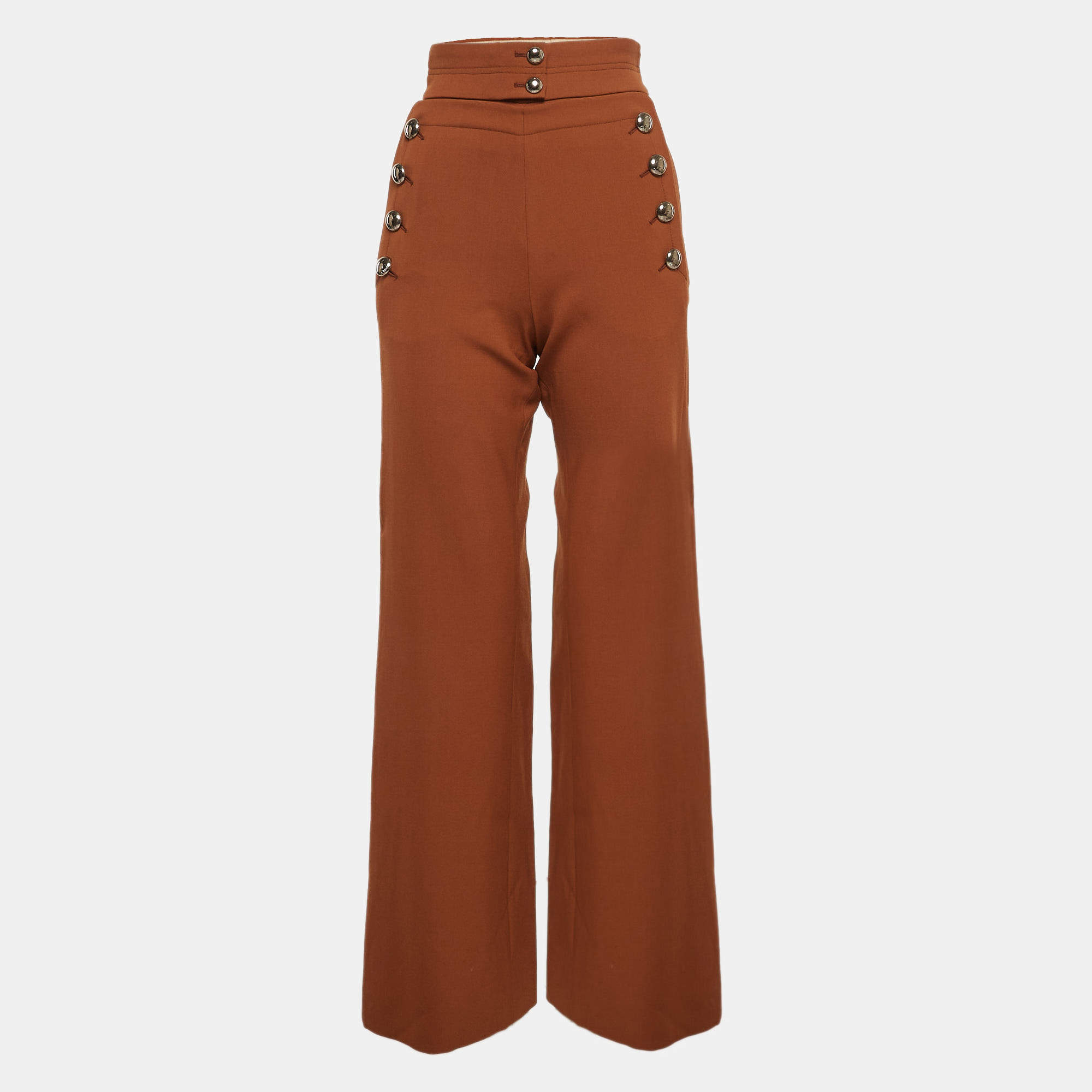 Chloe Brown Rust Virgin Wool Button Detailed Wide Leg Pants S