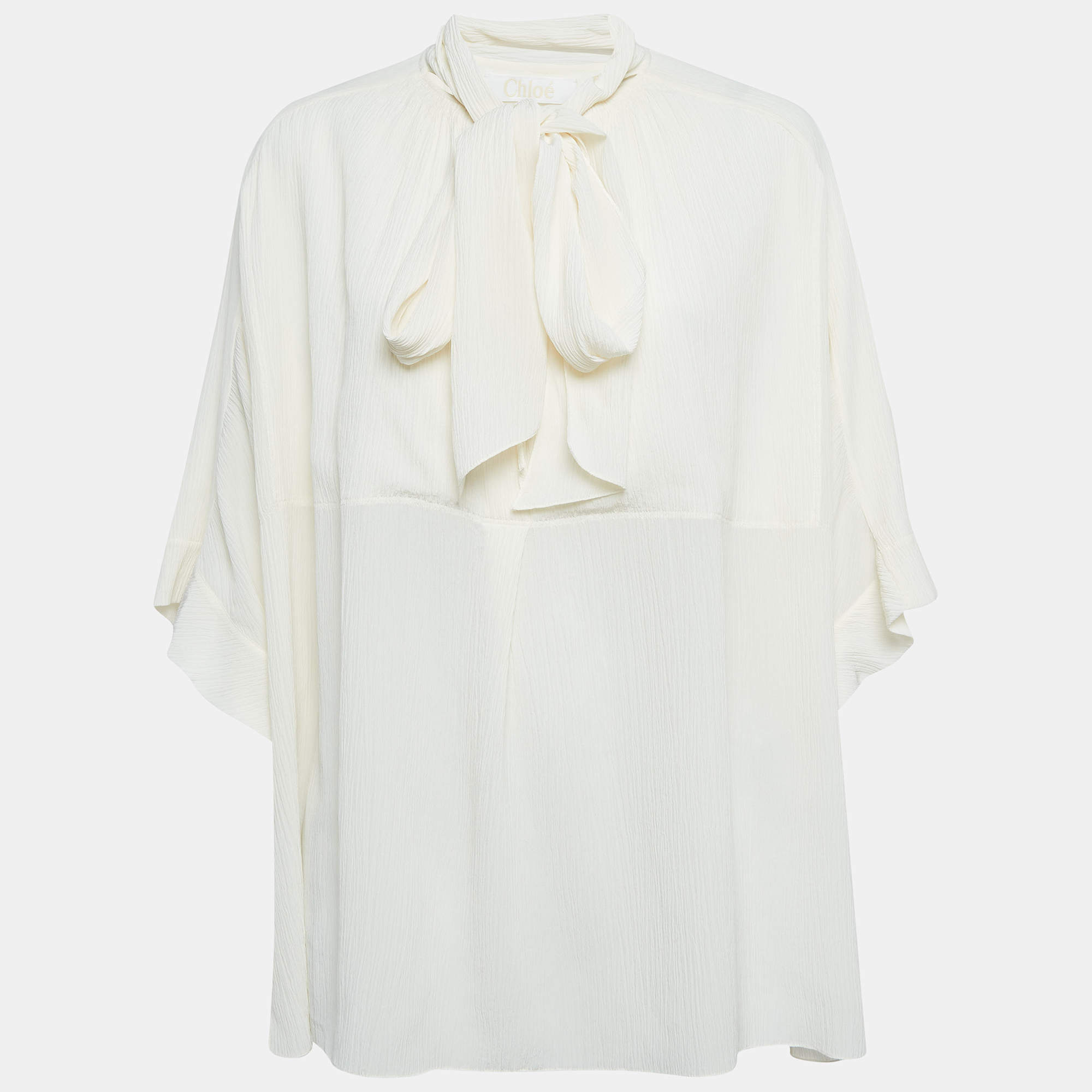 Chloe Cream Textured Silk Crepe Tie-Up Neck Tunic L