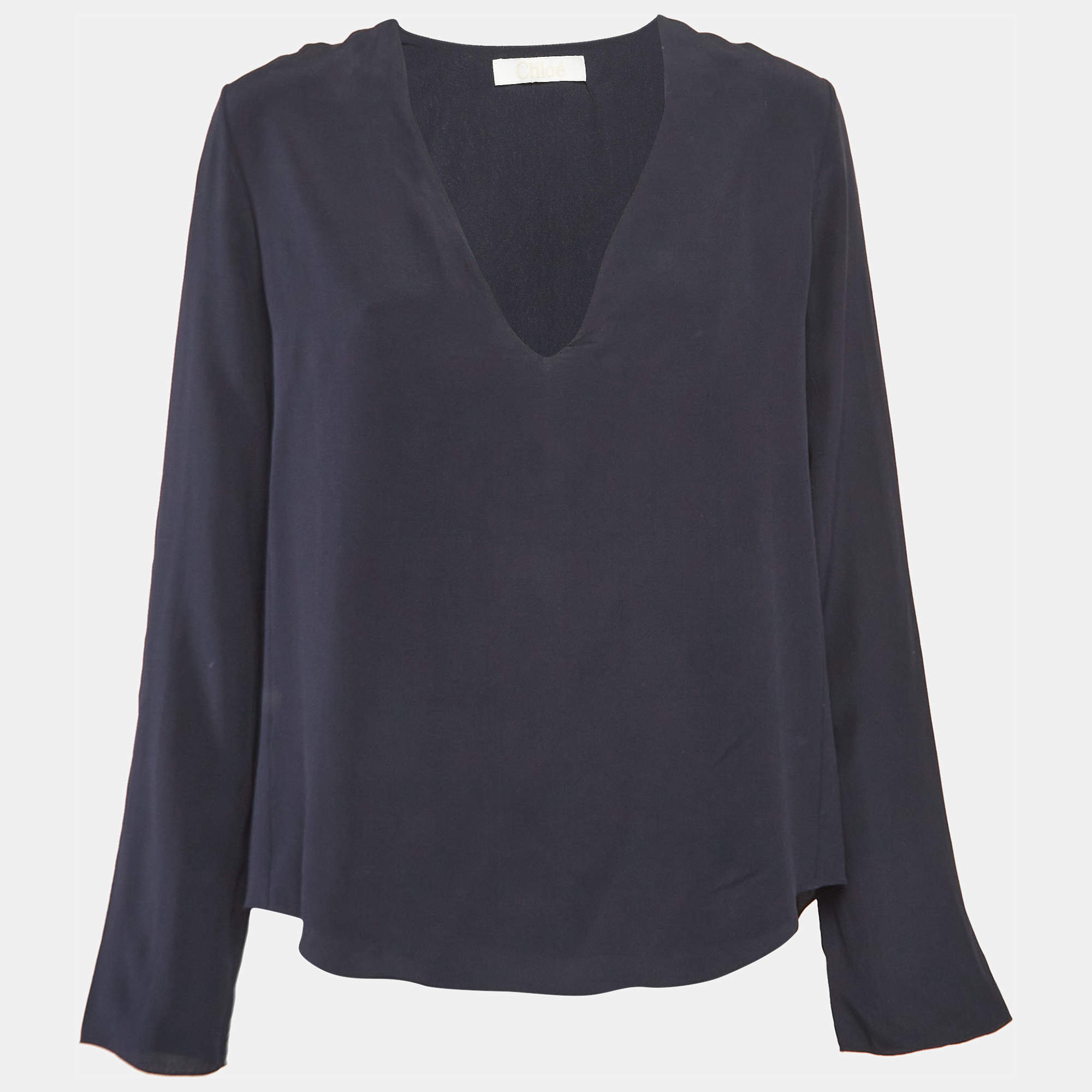 Pre Owned Chloe Navy Blue Silk V-Neck Full Sleeve Top S