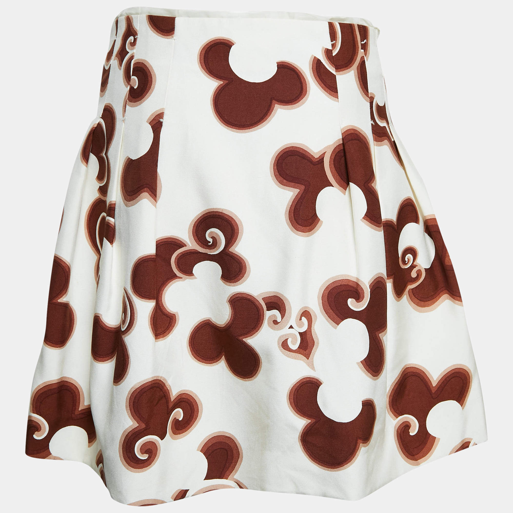 Chloe Brown Doodle Print Silk Pleated Mini Skirt S