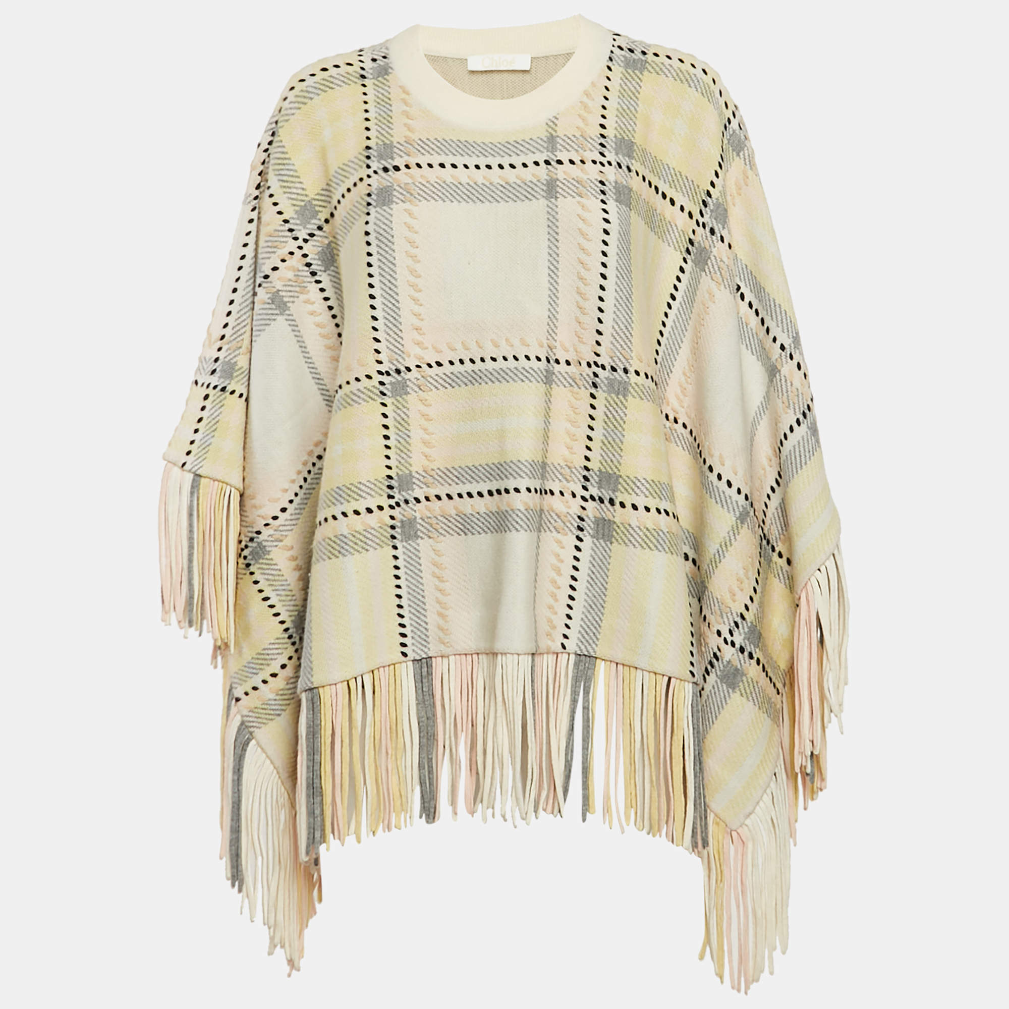 Chloe Yellow Plaid Cashmere Fringed Poncho Sweater XS/S