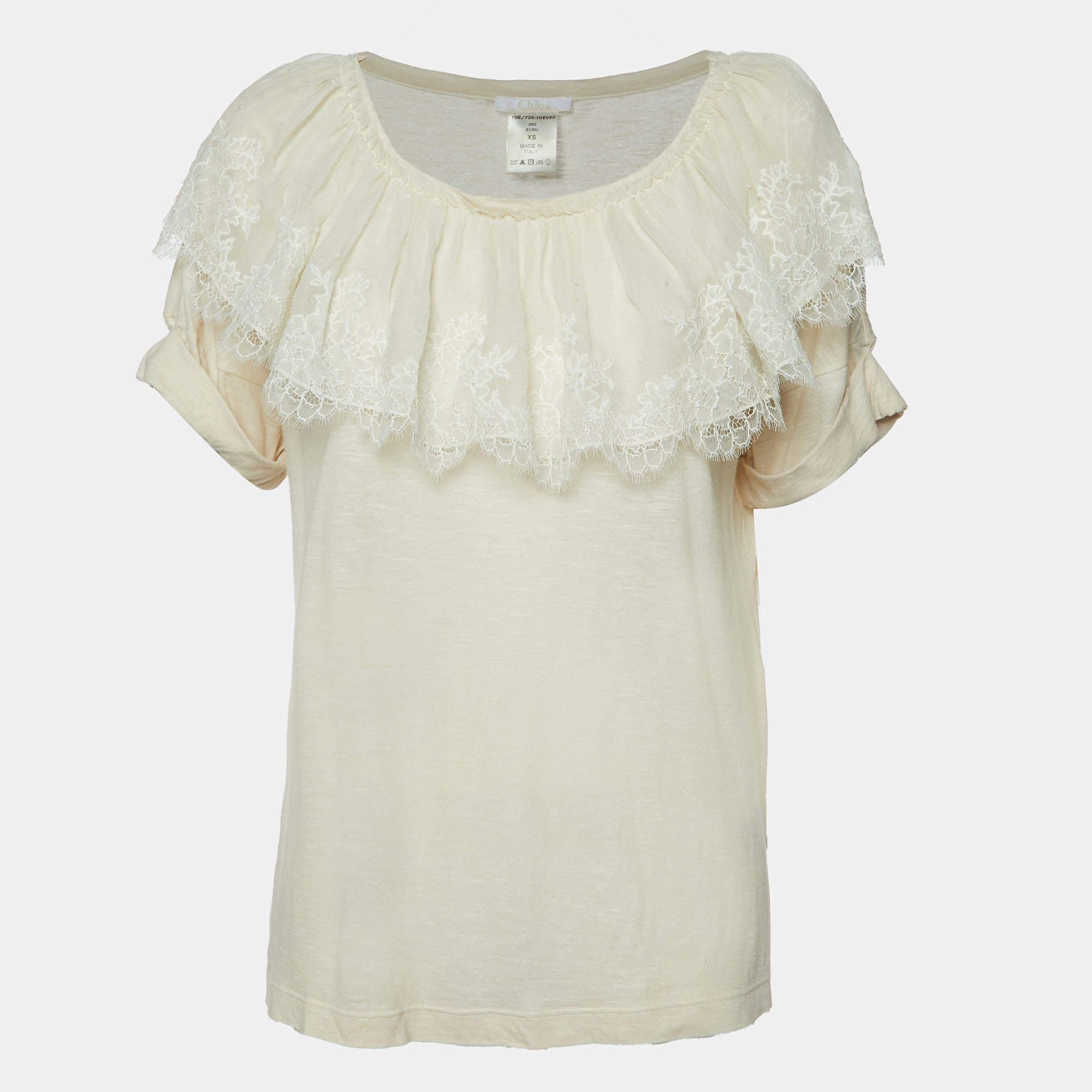 Chloe Ecru Cream Knit Lace Trimmed Top XS