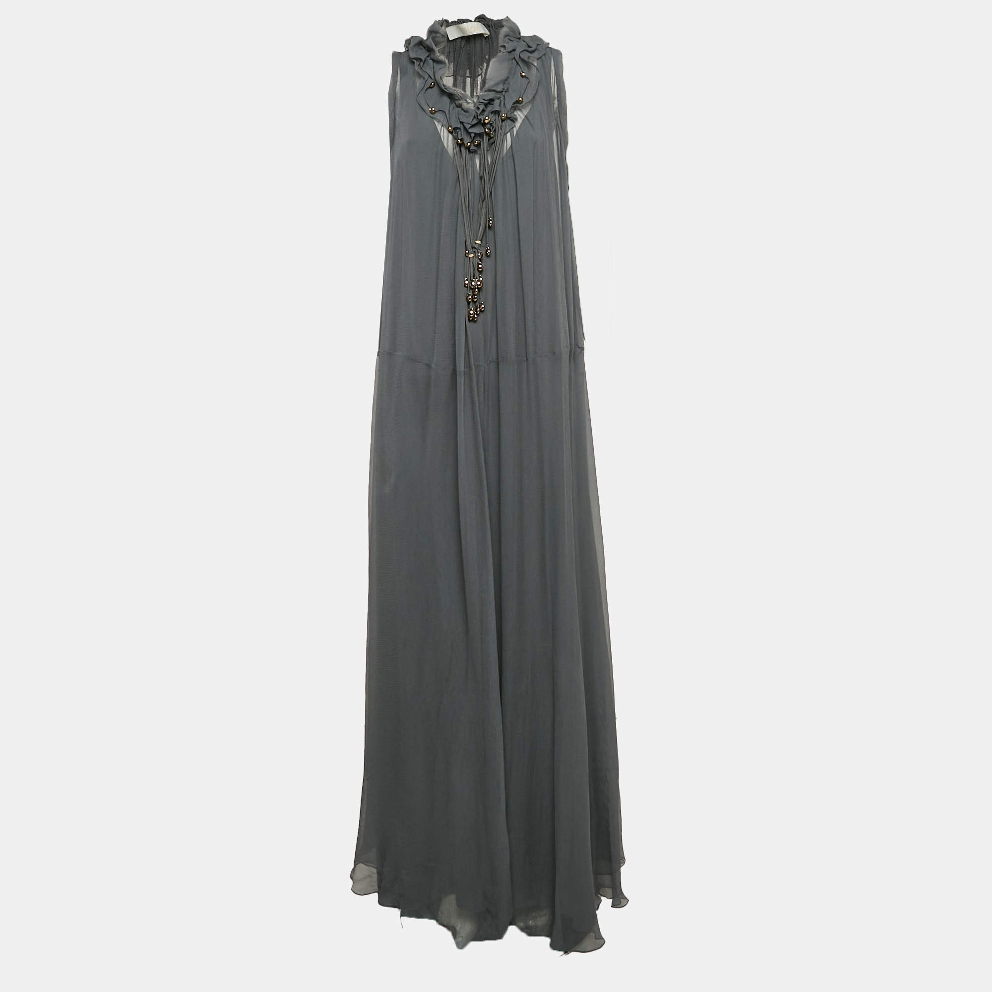 Pre Owned Chloe Anthracite Grey Crepe Silk Beaded Maxi Dress L