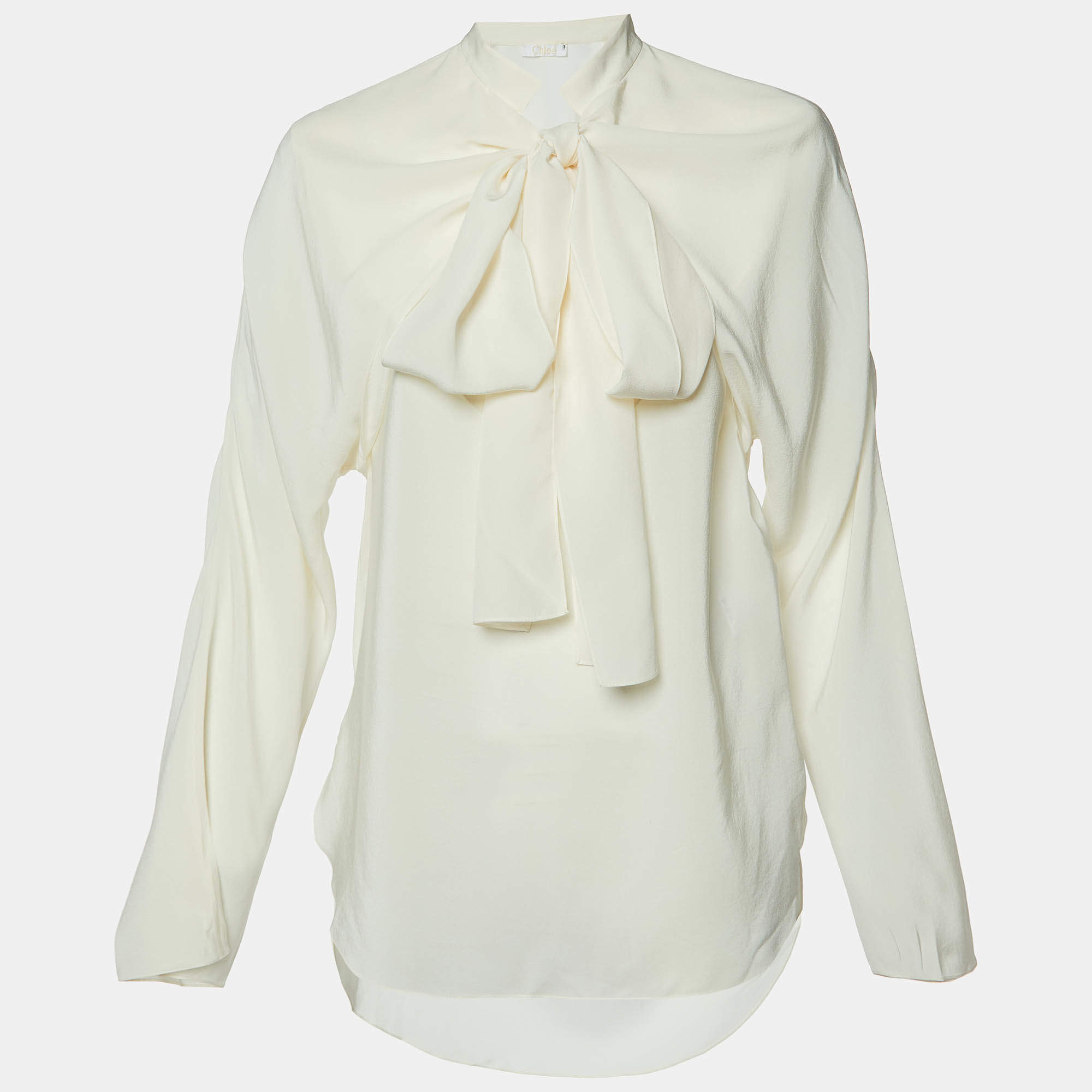 Pre Owned Chloe Milk White Crepe Tie-Up Neck Detail Blouse M