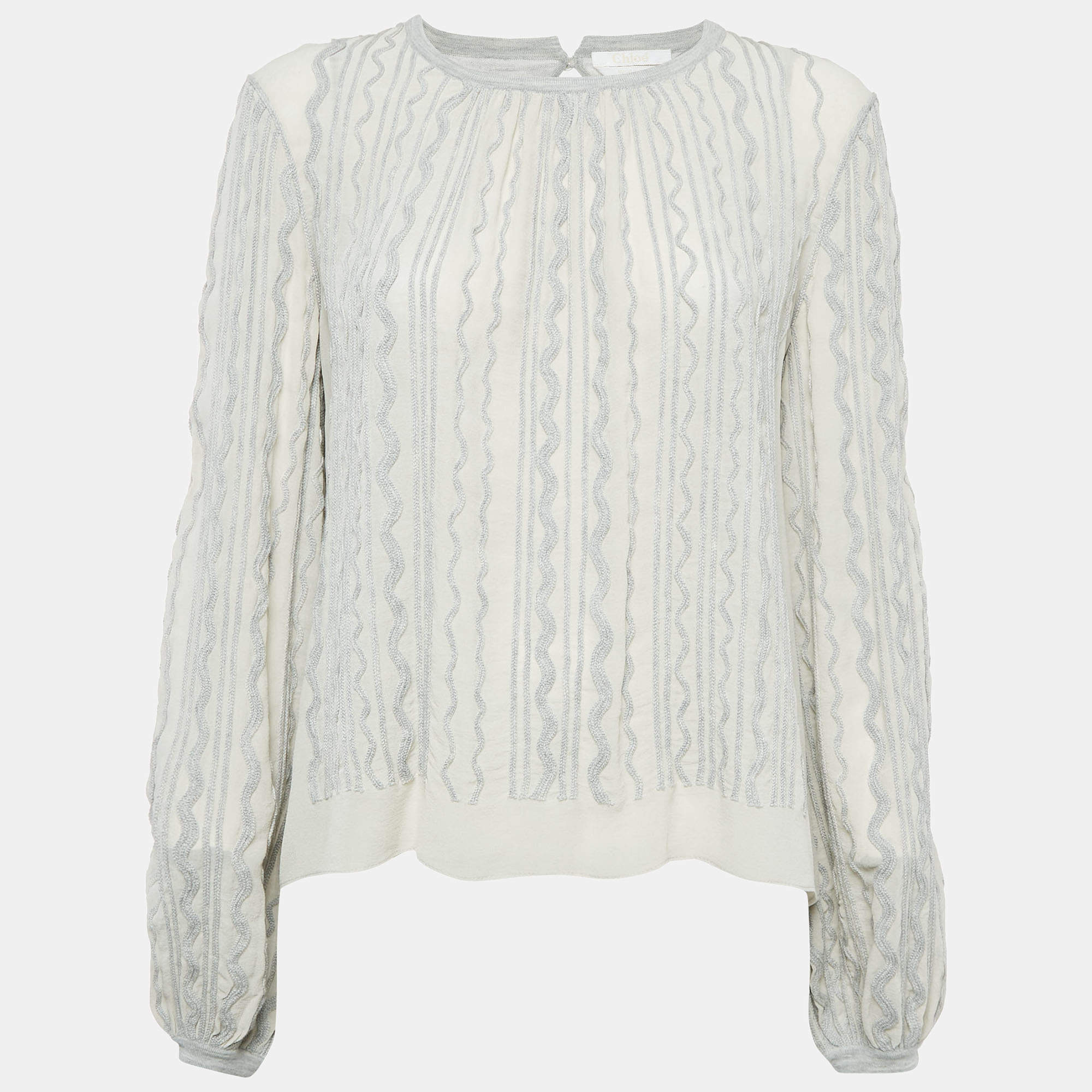Chloe Grey Wavy Embroidered Silk and Jersey Top XS